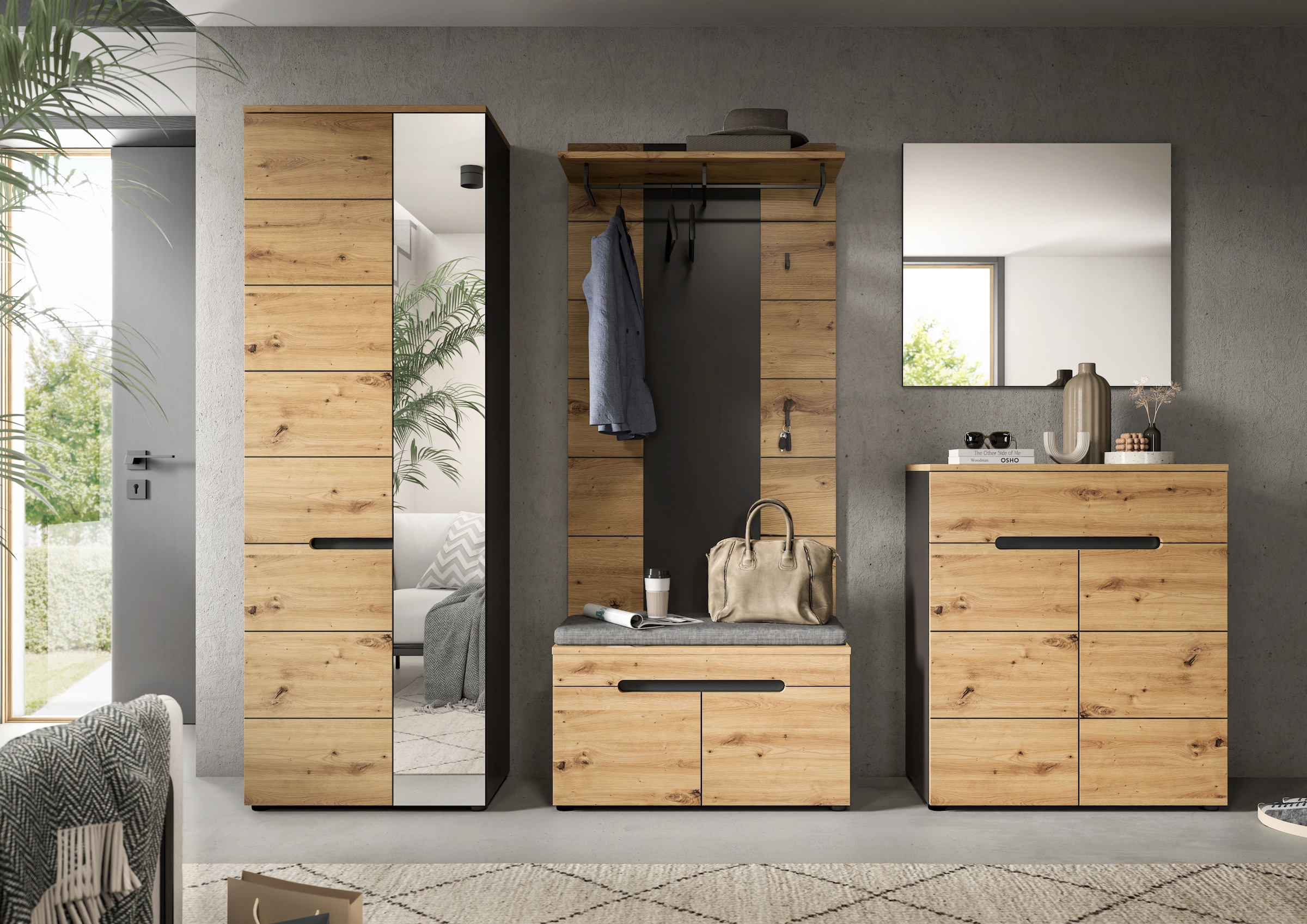INOSIGN Garderoben-Set, (Set, 6 St., bestehend aus: Schrank, Sitzbank, Sitzkissen, Paneel, Spiegel, Kommode), Garderobenkombination, Kombination, Set, Flurgarderobe, Diele