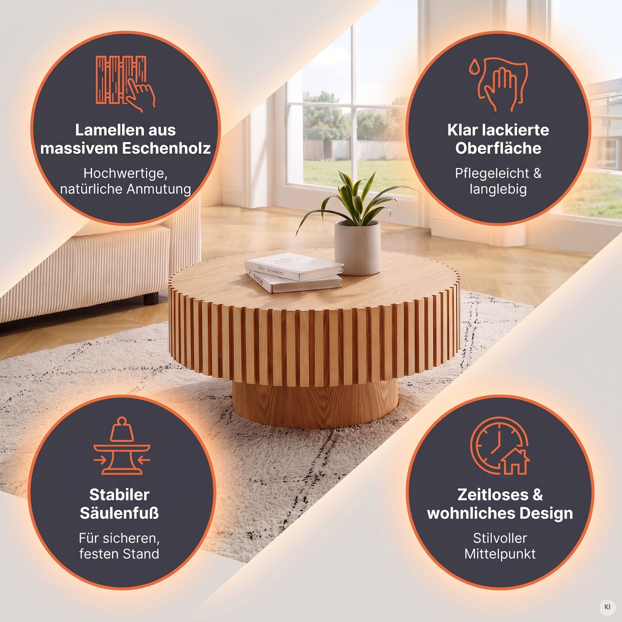 SalesFever Couchtisch »rund mit Massivholz-Lamellen Ø 80 cm« 1 Stk. tlg. Moderner Holztisch fürs Wohnzimmer mit Echtholzfurnier