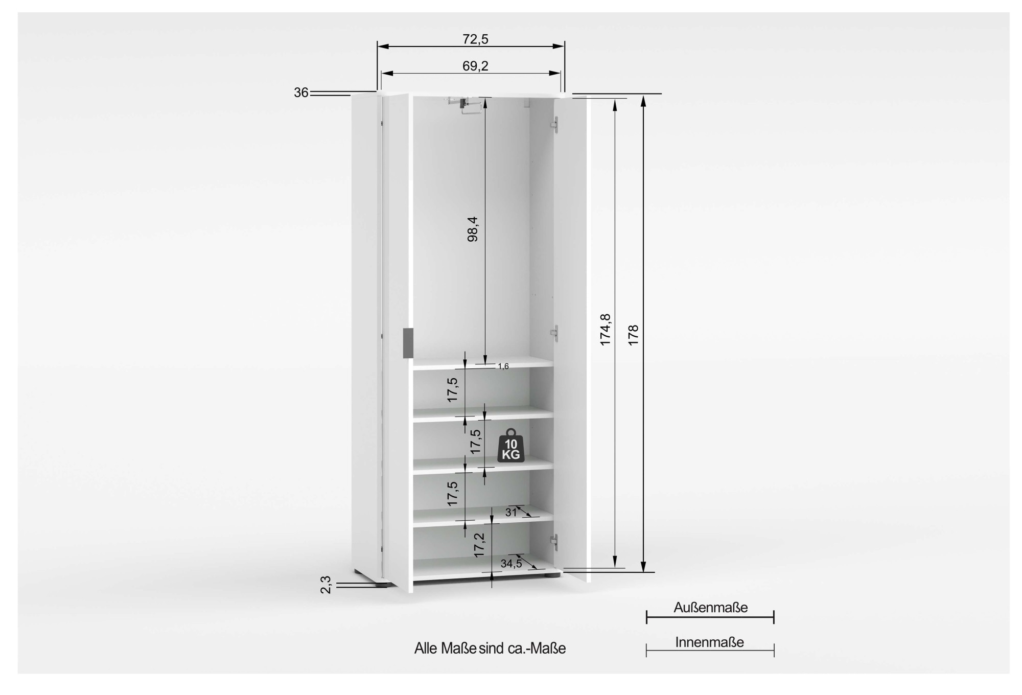 INOSIGN Mehrzweckschrank »Stauraumschrank , Breite 72,5 cm , Höhe 178 cm« 1 Stk. tlg. 2 Türen, 4 Einlegeböden,1 Auszugsstange - Schrank hochglanz lackiert