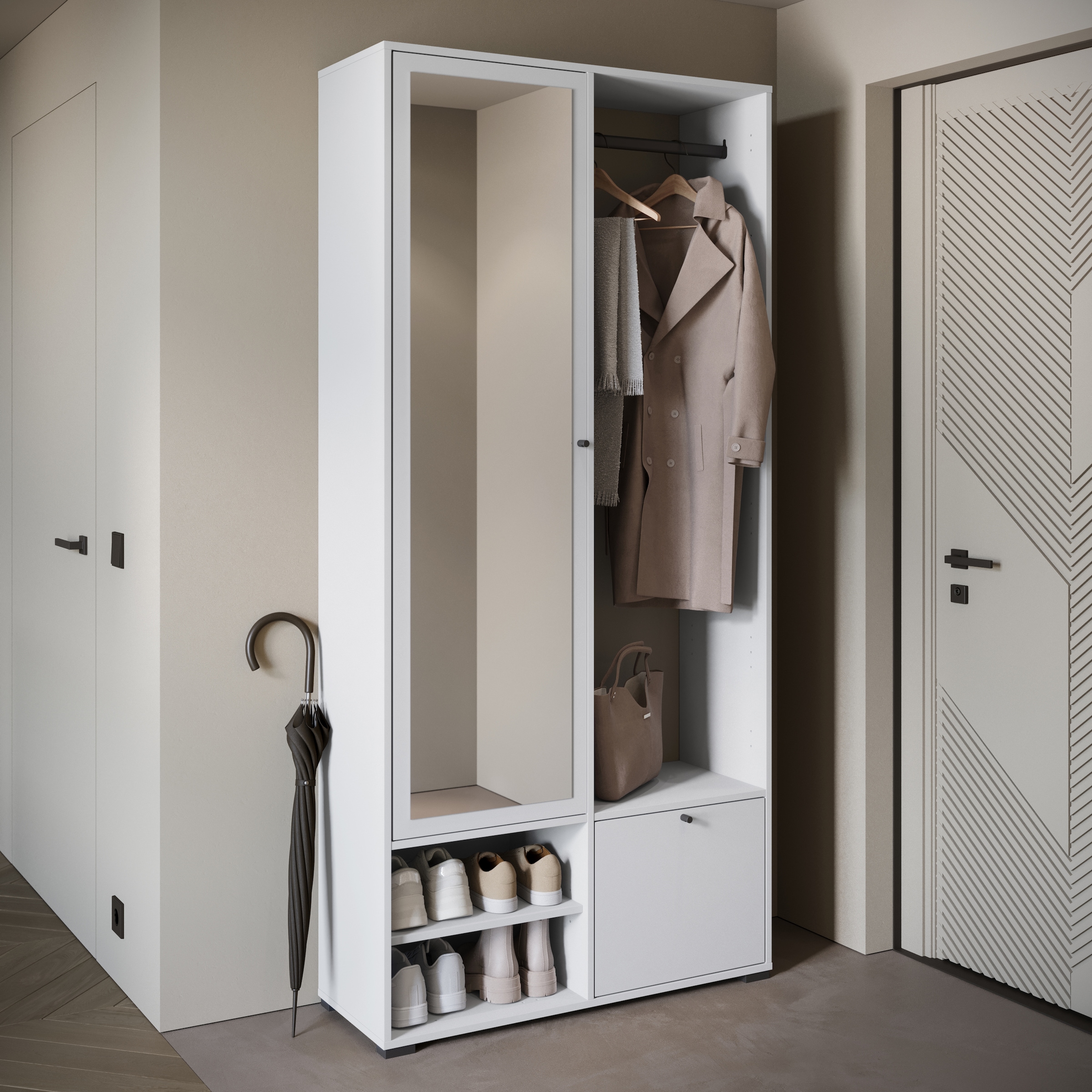 INOSIGN Garderobenschrank »DINO Kompaktgarderobe, Garderoben-Set DINO«, Mit Spiegel und Kleiderstange, 90 cm breit, Türanschlag wechselbar