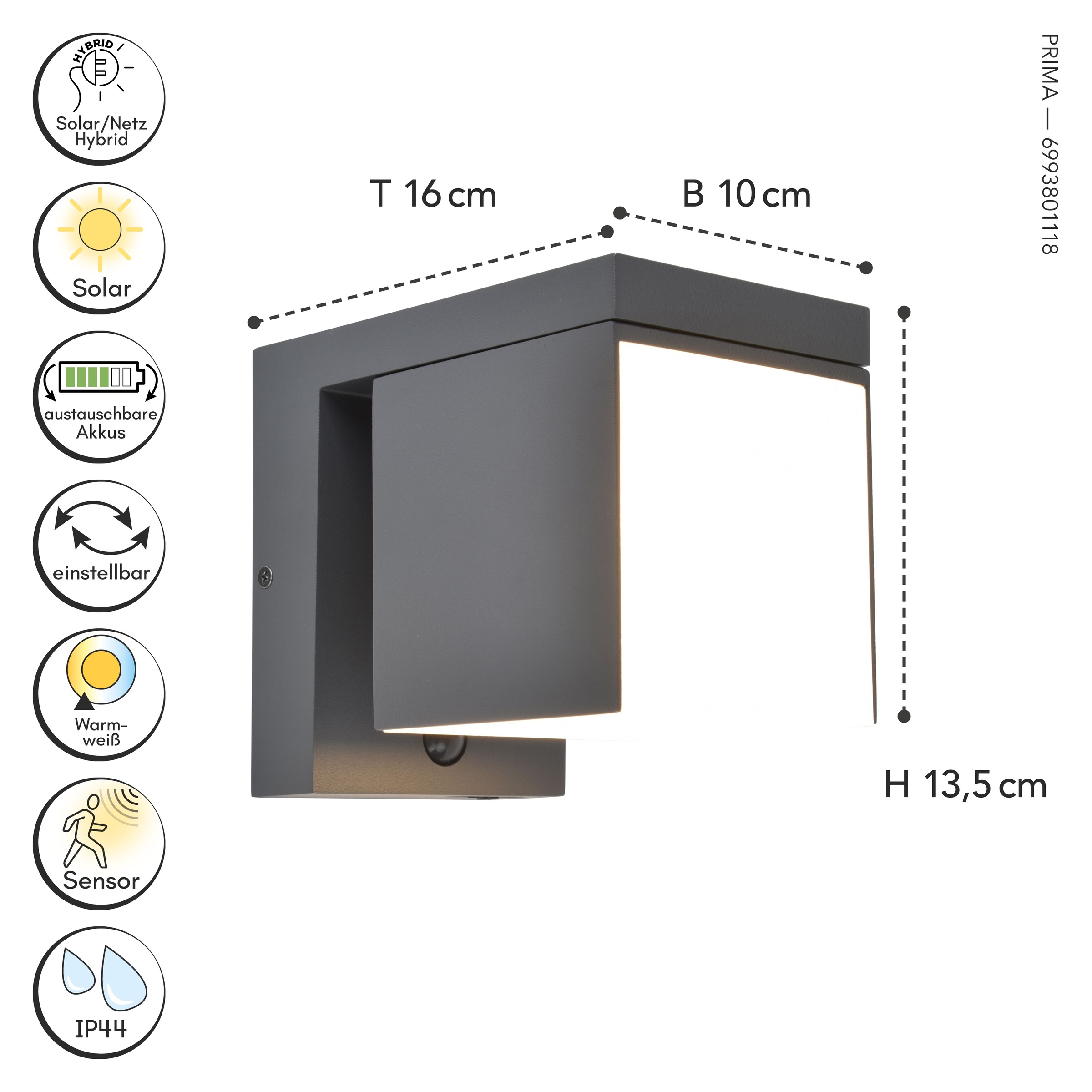 LUTEC LED Solarleuchte »LED-Solarleuchte PRIMA, Hybrid«, 1 flammig, Leuchtmittel LED-Board | LED fest integriert, Solar-Hybrid