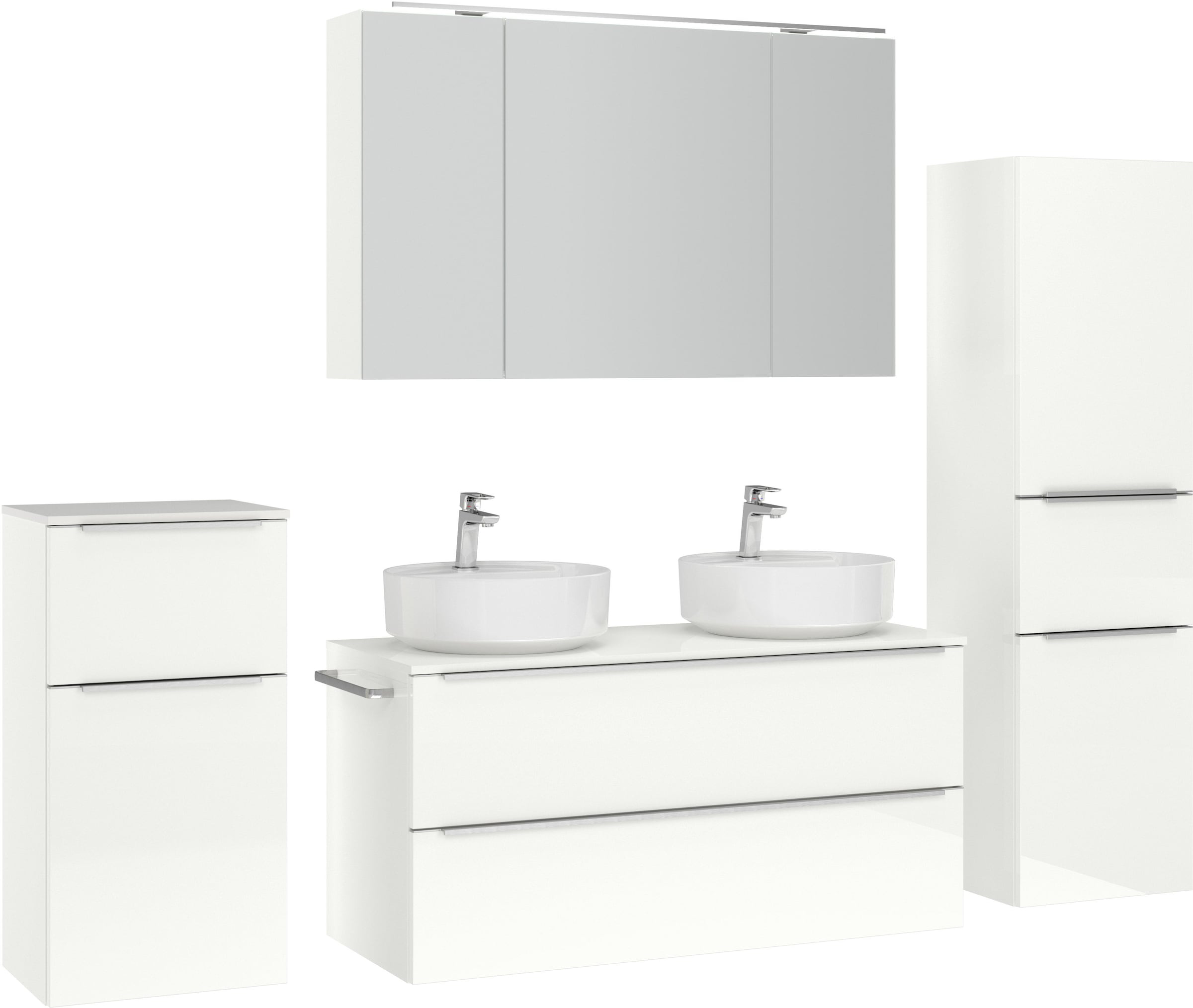 nobilia® Badmöbel-Set »Alvene«, (4 St., vormontiert, mit Soft-Close), inkl. Spiegelschrank mit Beleuchtung und Dimmerfunktion, in 4 Breiten