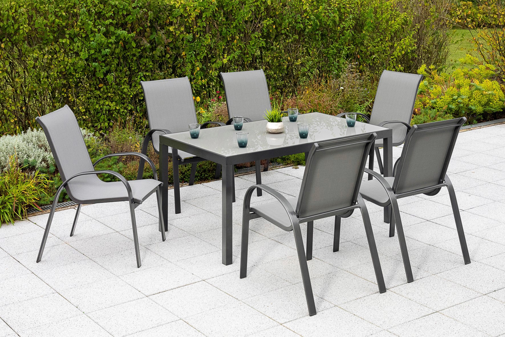 Garten-Essgruppe »Amalfi«, (Set, 7 tlg.), 6 Sessel, stapelbar, Tisch 90x150 cm