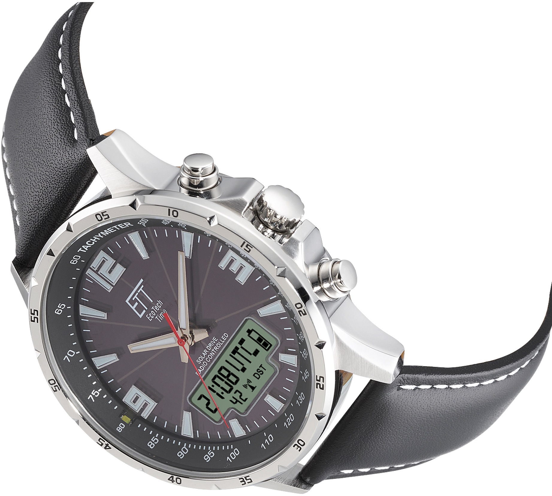 ETT Funkchronograph »Professional«, Armbanduhr, Herrenuhr, Stoppfunktion, Datum, Solar, Lederarmband
