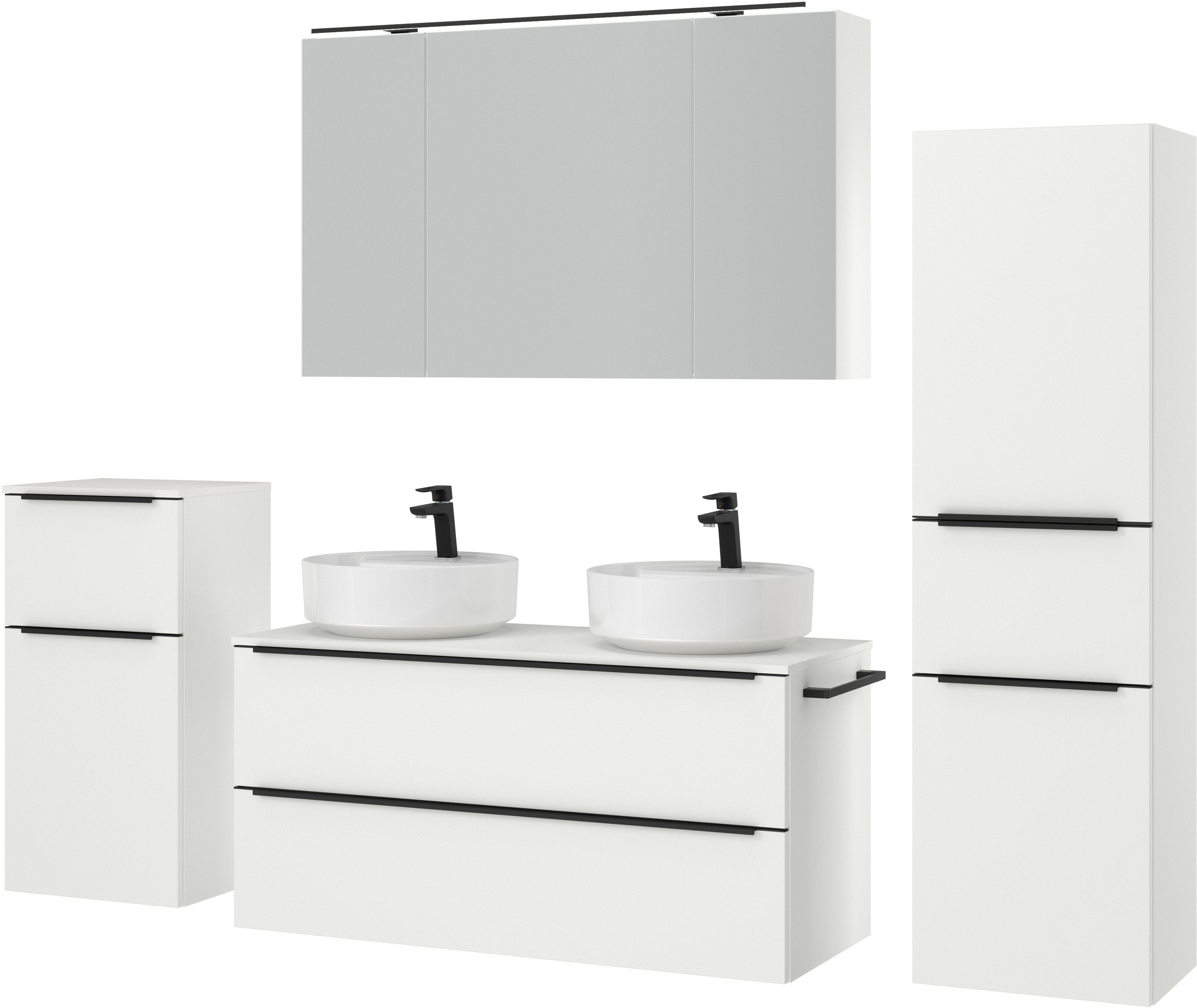 nobilia® Badmöbel-Set »Alvene«, (4 St., vormontiert, mit Soft-Close), inkl. Spiegelschrank mit Beleuchtung und Dimmerfunktion, in 4 Breiten