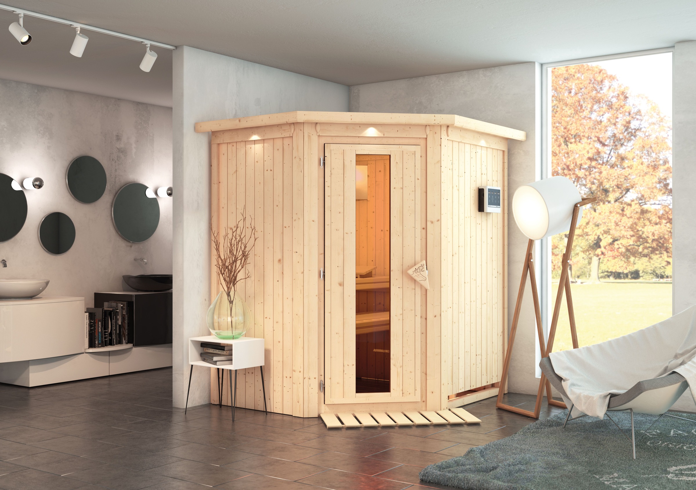 Karibu Sauna »»Liyah« mit Energiespartür Kranz naturbelassen«, in verschied günstig online kaufen