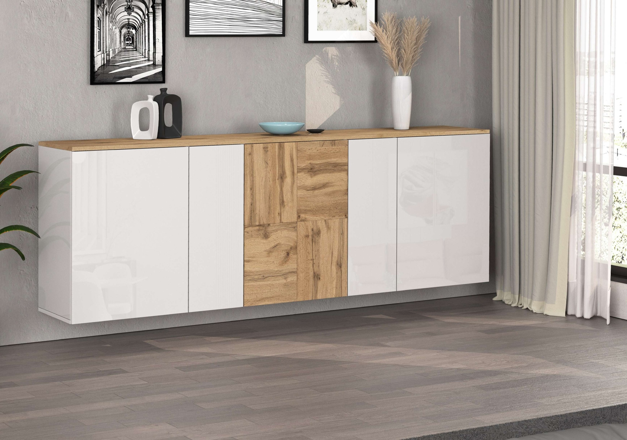 INOSIGN Sideboard »Sideboard ISEO, Kommode, Schrank, Kredenz« 1 Stk. tlg. stehend/hängend, 5 Türen HG lackiert, 6 Fächer, B 200 cm