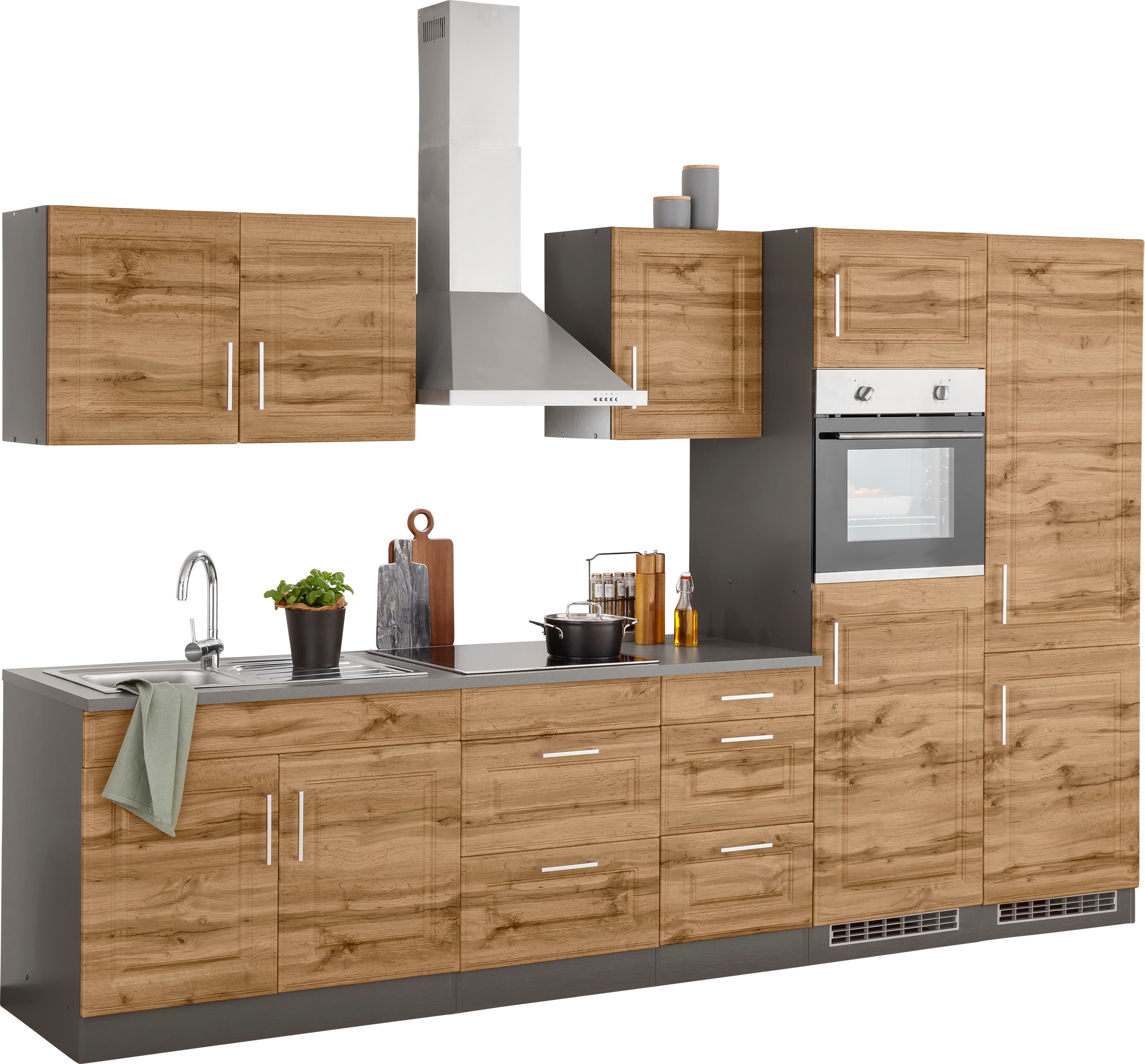 KOCHSTATION Küchenzeile »KS-Stockholm«, Breite 330 cm, mit hochwertigen MDF Fronten im Landhaus-Stil