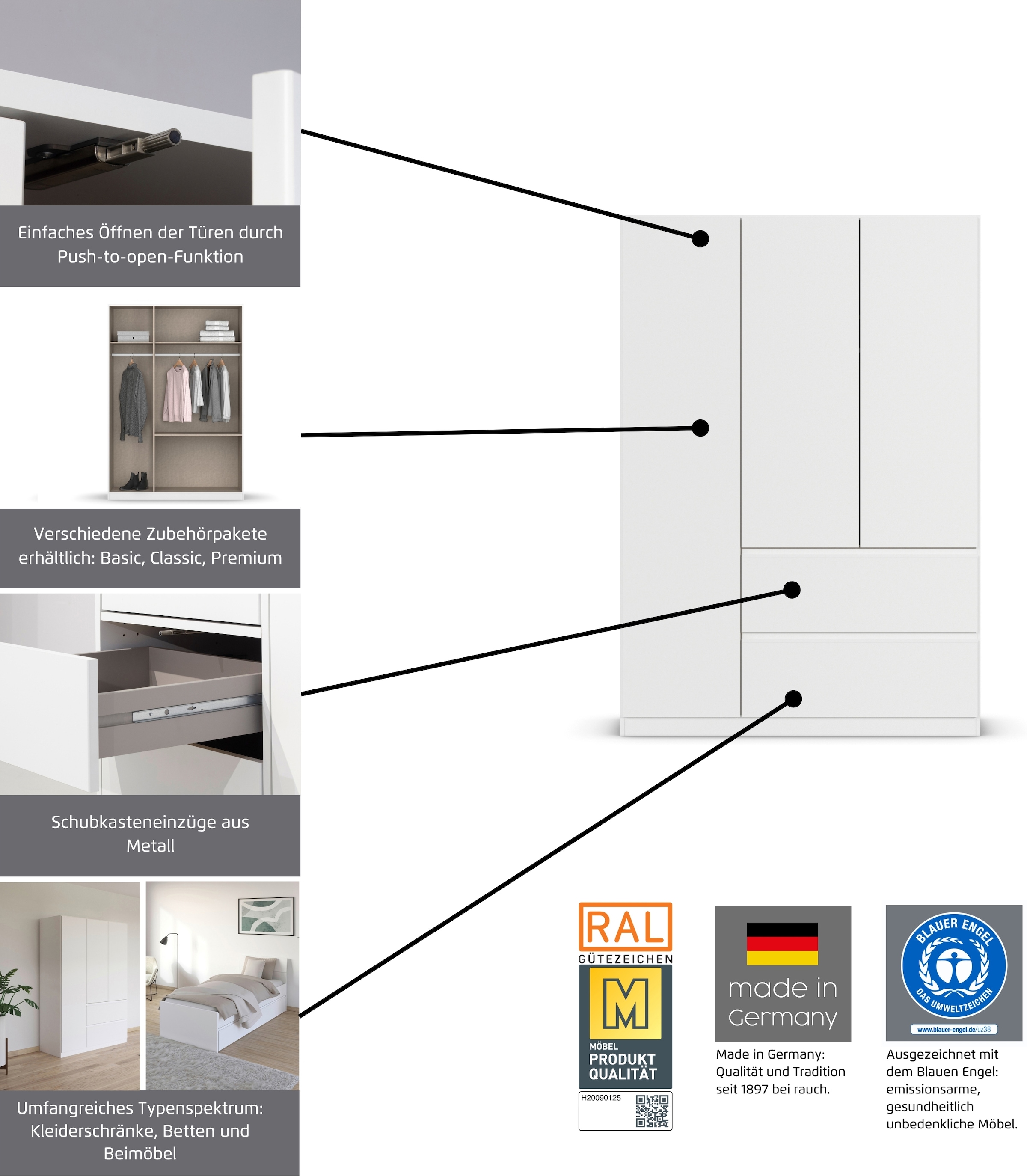 rauch Jugendzimmer-Set »Komplettzimmer Schlafzimmer-Set (5-St.) Jugendzimmer-Set JOEL« Set, 5 Stk. tlg. Bett 2 Breiten,Nachttisch,Tisch,Rollcontainer,Schrank MADE IN GERMANY