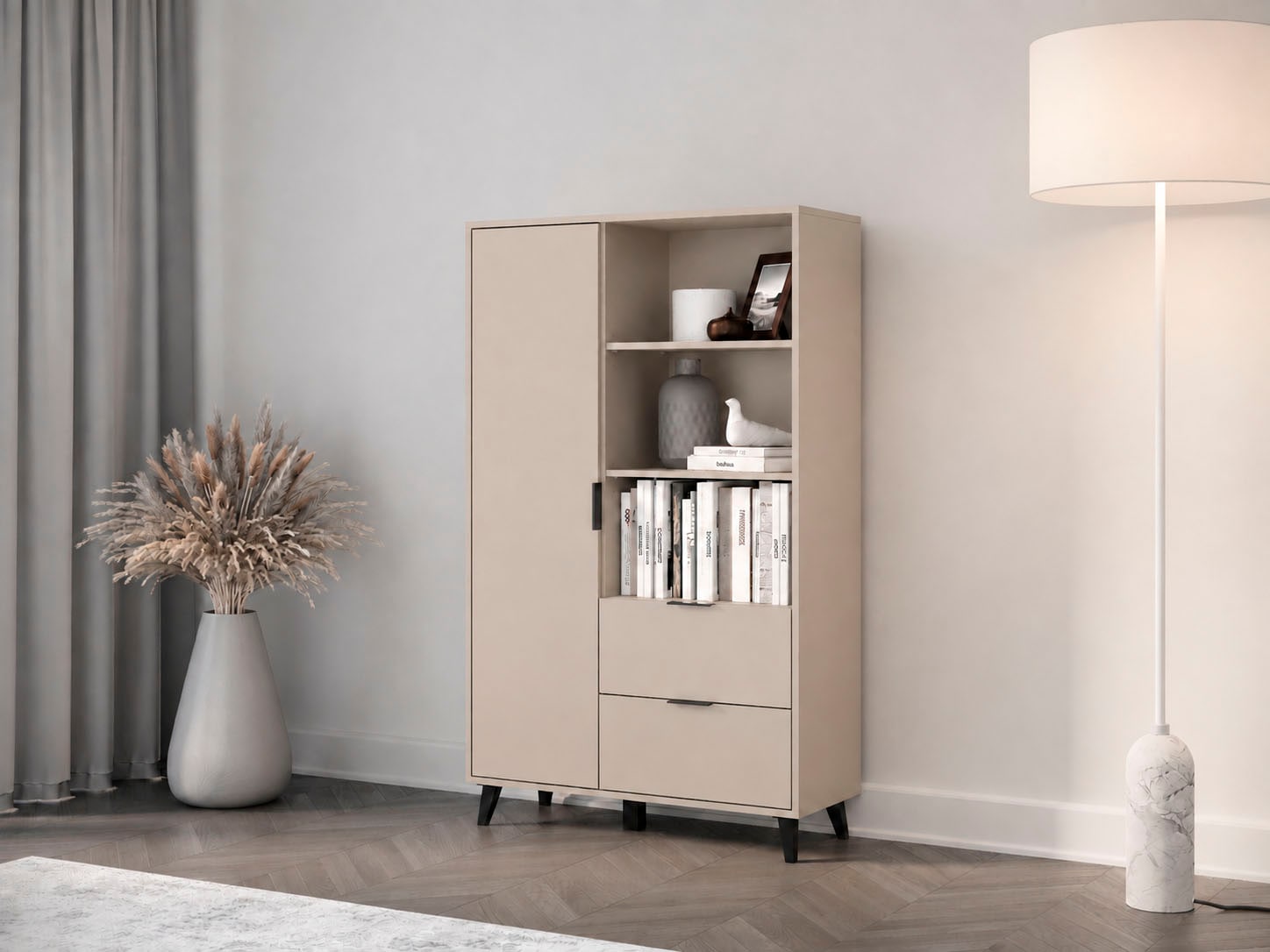 OTTO home Highboard »Oslo, B/H/T: 85/140/33 cm« 1 Stk. tlg. Schublade, höhenverstellbare Einlegeböden, schwarze Metallgriffe