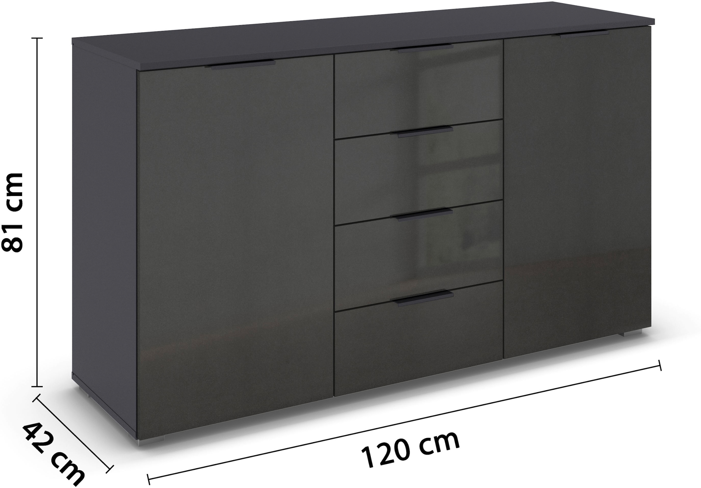 rauch Kombikommode »Sideboard Schubladenkommode AGORDO mit Dekor- oder Hochglanzfront«, (in zwei Griff-Farben, Breite 120 cm inkl. Soft-Close-Funktion), vier große Schubladen, mit insgesamt 4 Einlegeböden MADE IN GERMANY