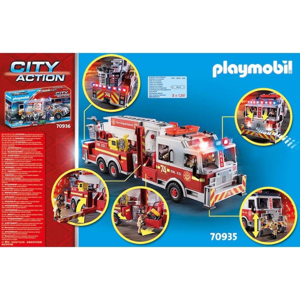 Playmobil® Konstruktions-Spielset »Feuerwehr-Fahrzeug: US Tower Ladder (70935), City Action«, (113 St.), mit Licht- und Soundeffekten, Made in Germany