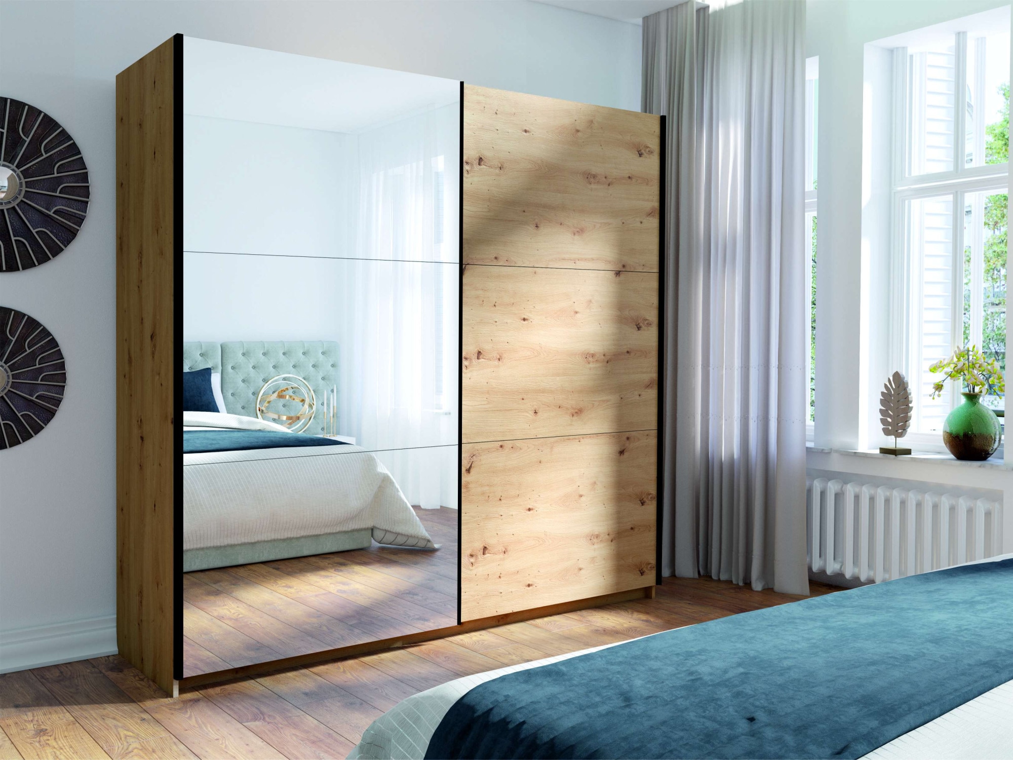 INOSIGN Kleiderschrank »Kleiderschrank Fresno mit 5 Einlegeböden, Spiegel und Kleiderstange«, Garderobe mit 2 Schwebetüren, B/H/T 150/207/62 cm