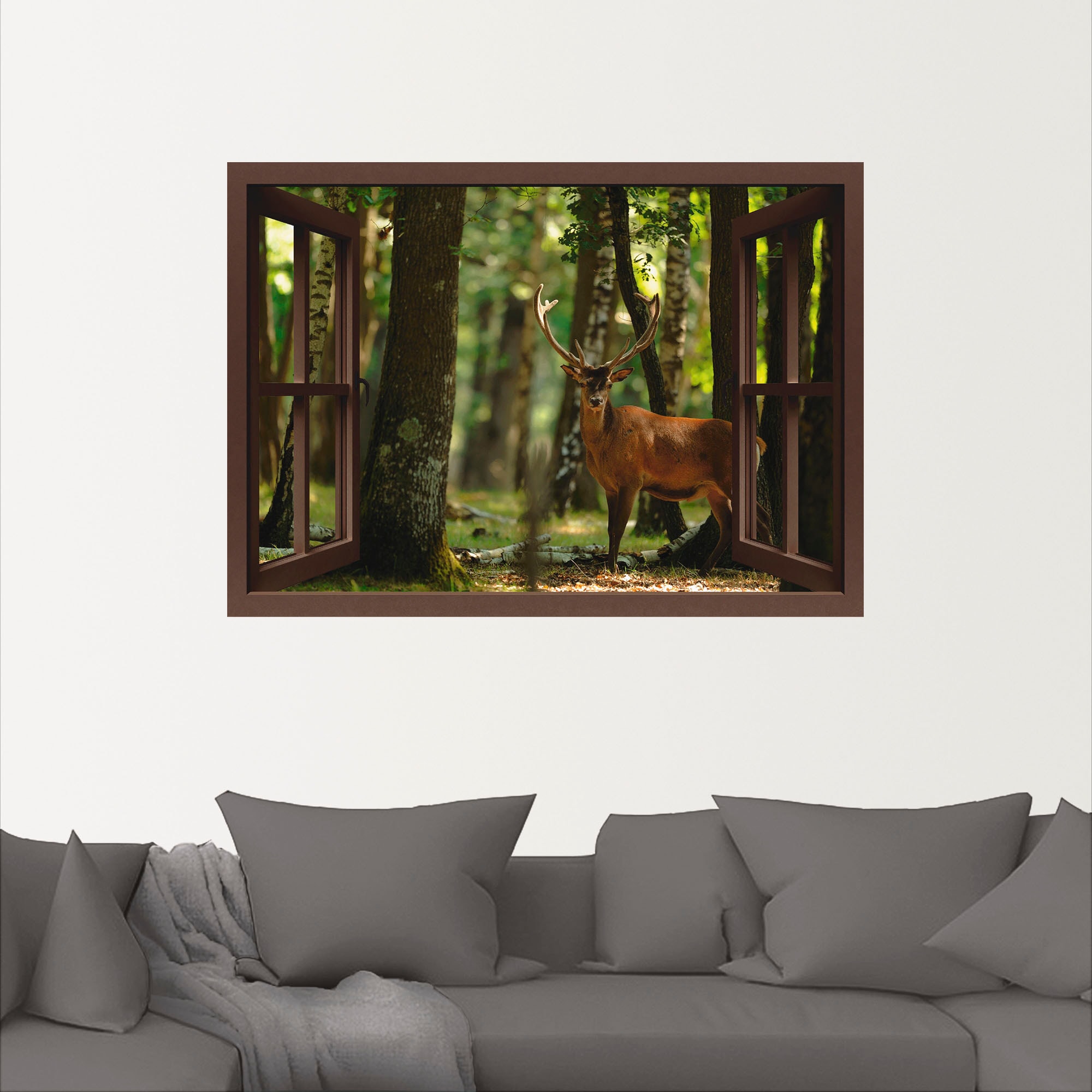 Artland Wandbild »Fensterblick - Hirsch 4 - Wald«, Fensterblick, (1 St.), als Leinwandbild, Wandaufkleber in verschied. Größen