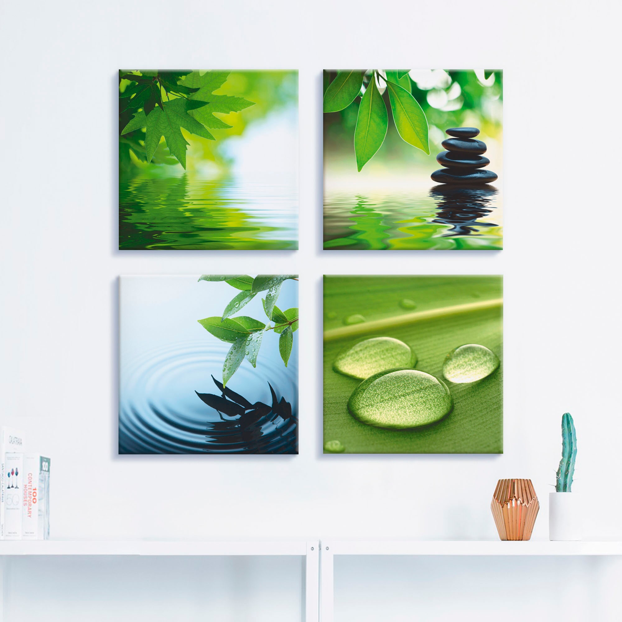 Artland Leinwandbild »Blätter Wasser Zen Steinpyramide Tropfen«, Zen, (4 St.),  4er Set, verschiedene Größen auf Raten bestellen