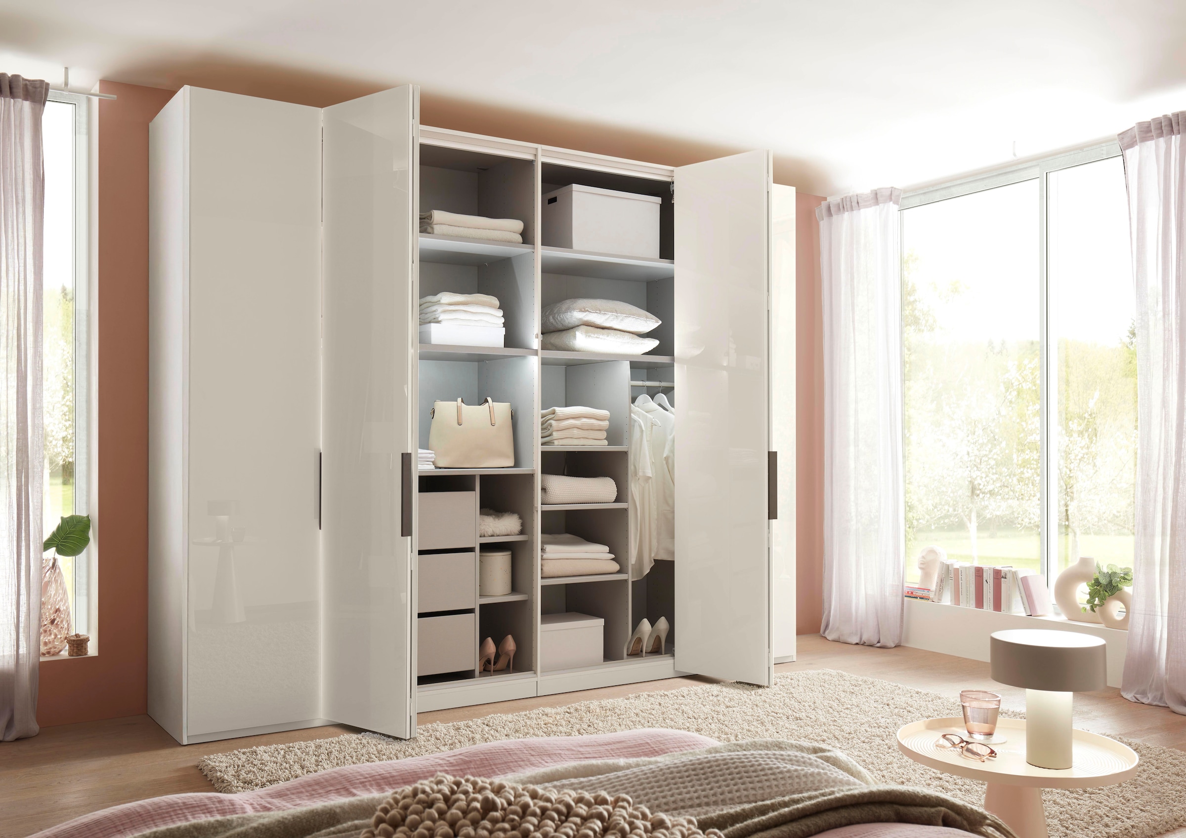 WIEMANN Falttürenschrank »Ohio, Kleiderschrank, Schrank, Garderobe, mit Glasfront, 300 cm« inklusive Einlegeböden & Kleiderstangen, 2 Höhen, MADE IN GERMANY,  inklusive Türdämpfung, hochwertige Glasfront