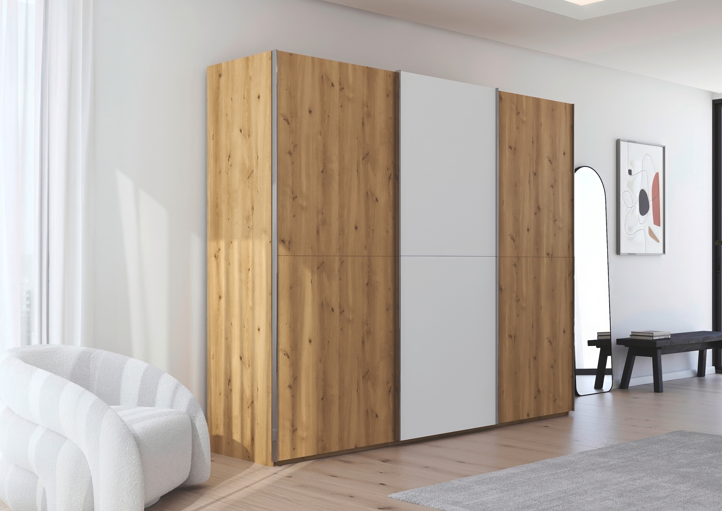 rauch Schwebetürenschrank »Kleiderschrank Schrank Garderobe Schlafzimmerschrank SCALE-WOOD«, edle geteilte Front in massiver Asteiche mit Glastüren MADE IN GERMANY