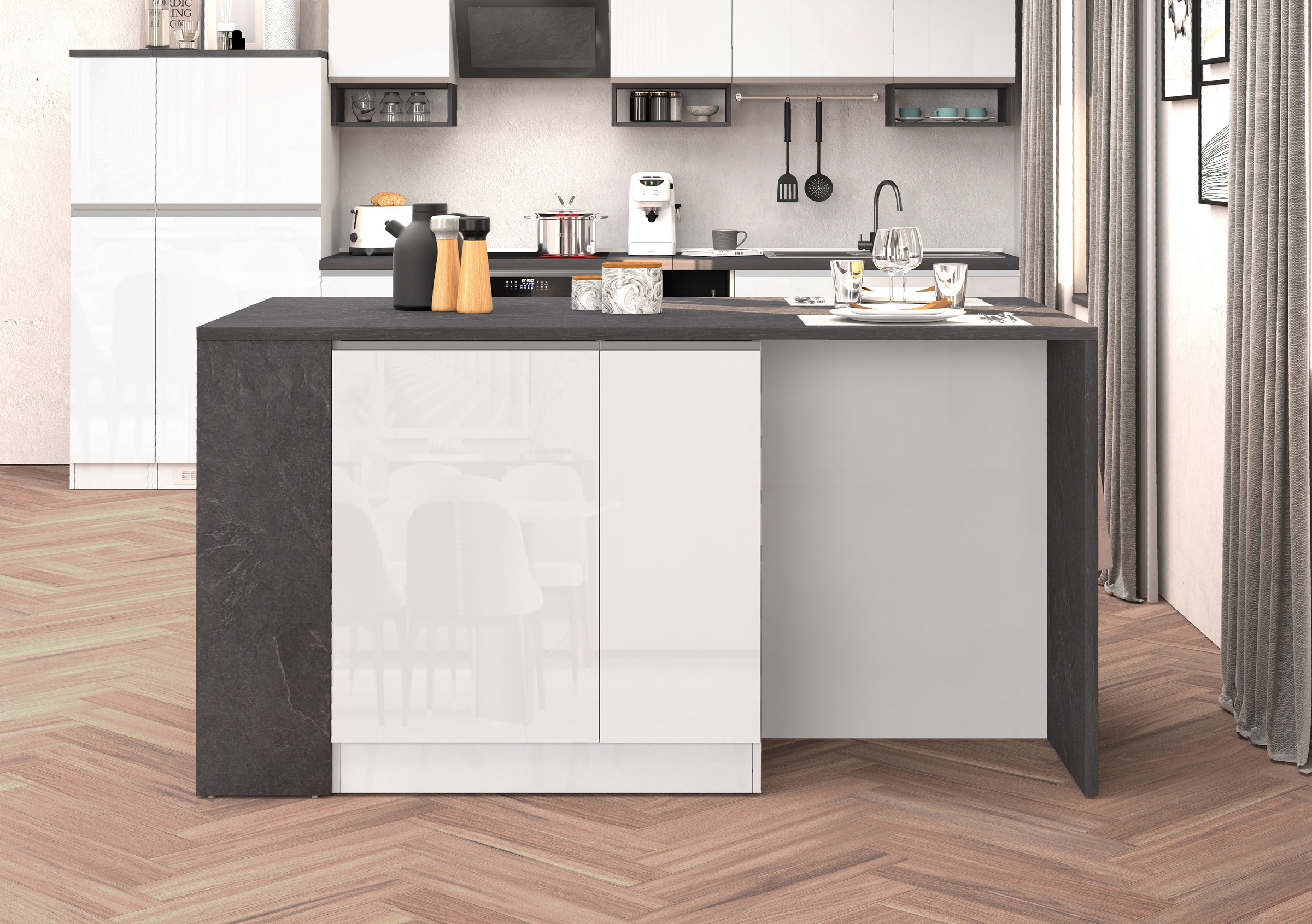 KOCHSTATION Kücheninsel »KS-Sole, Kochinsel, Küchenarbeitsblock, Arbeitsinsel, Made in Italy« Breite 167,5 cm, 2 Apothekerauszüge, 2 Essplätze, 1 offenes Regal