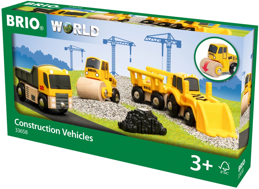 BRIO® Spielzeug-Eisenbahn »Baustellenfahrzeuge«, (Set, 3 tlg.), Kipper, Walze und Bagger m. Anhänger; FSC® - schützt Wald - weltweit