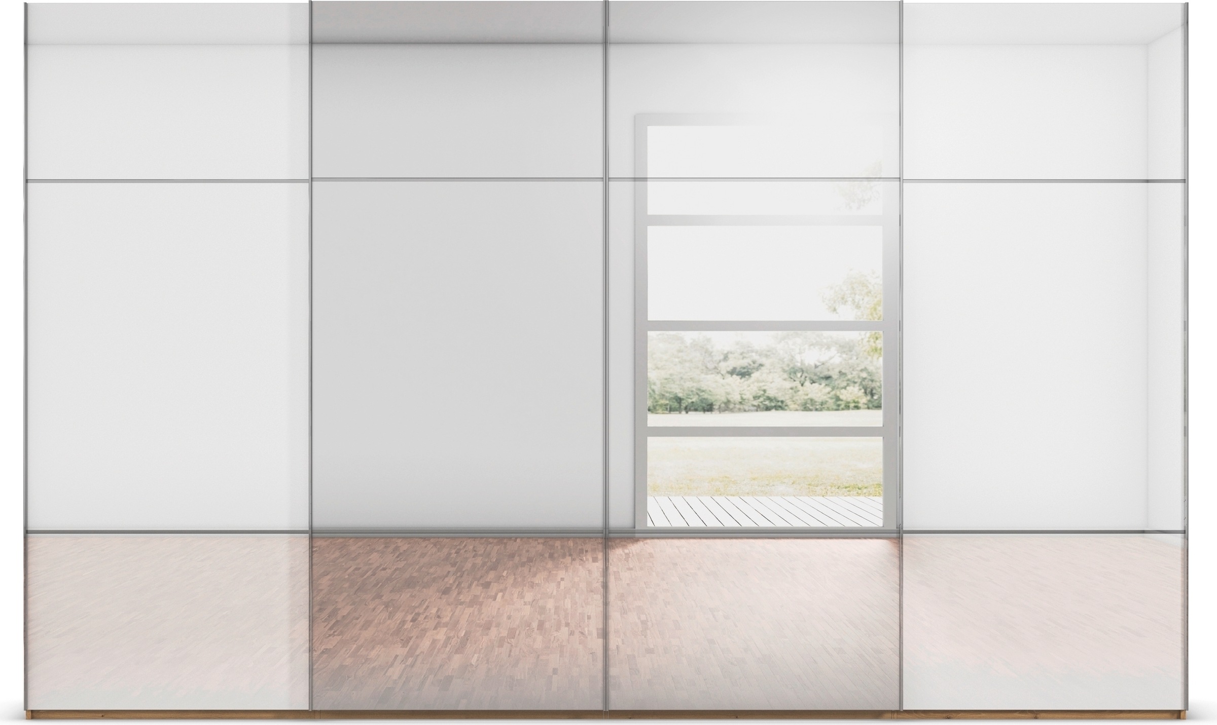 rauch Schwebetürenschrank »Kleiderschrank Schrank Garderobe Schlafzimmerschrank SCALE-TRIO«, edle dreigeteilte Front mit 2 Zierleisten Spiegel/Glas MADE IN GERMANY