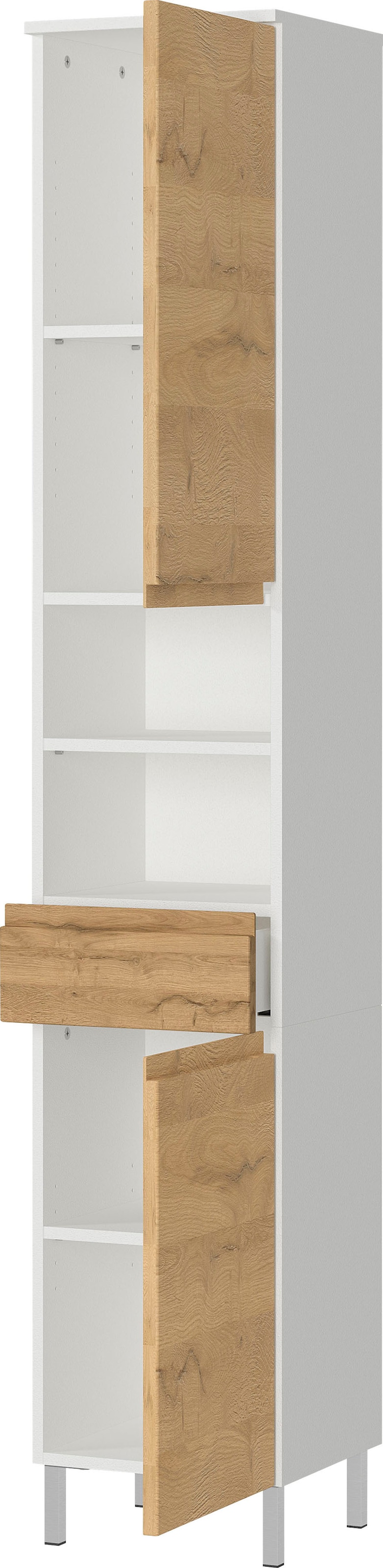GERMANIA Badmöbel-Set »Torrance«, (4 St.), Unterschrank, Spiegelschrank mit Beleuchtung, Kommode und Hochschrank