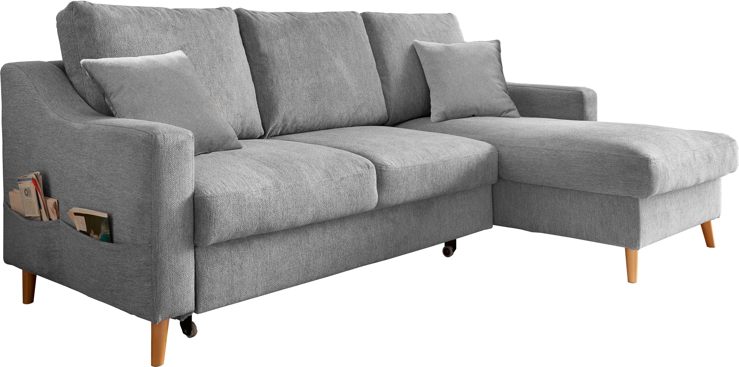INOSIGN Ecksofa »Valentina L-Form«, 2 Zierkissen, mit Seitentasche, ausziehbarer Liegefläche, Bettkasten