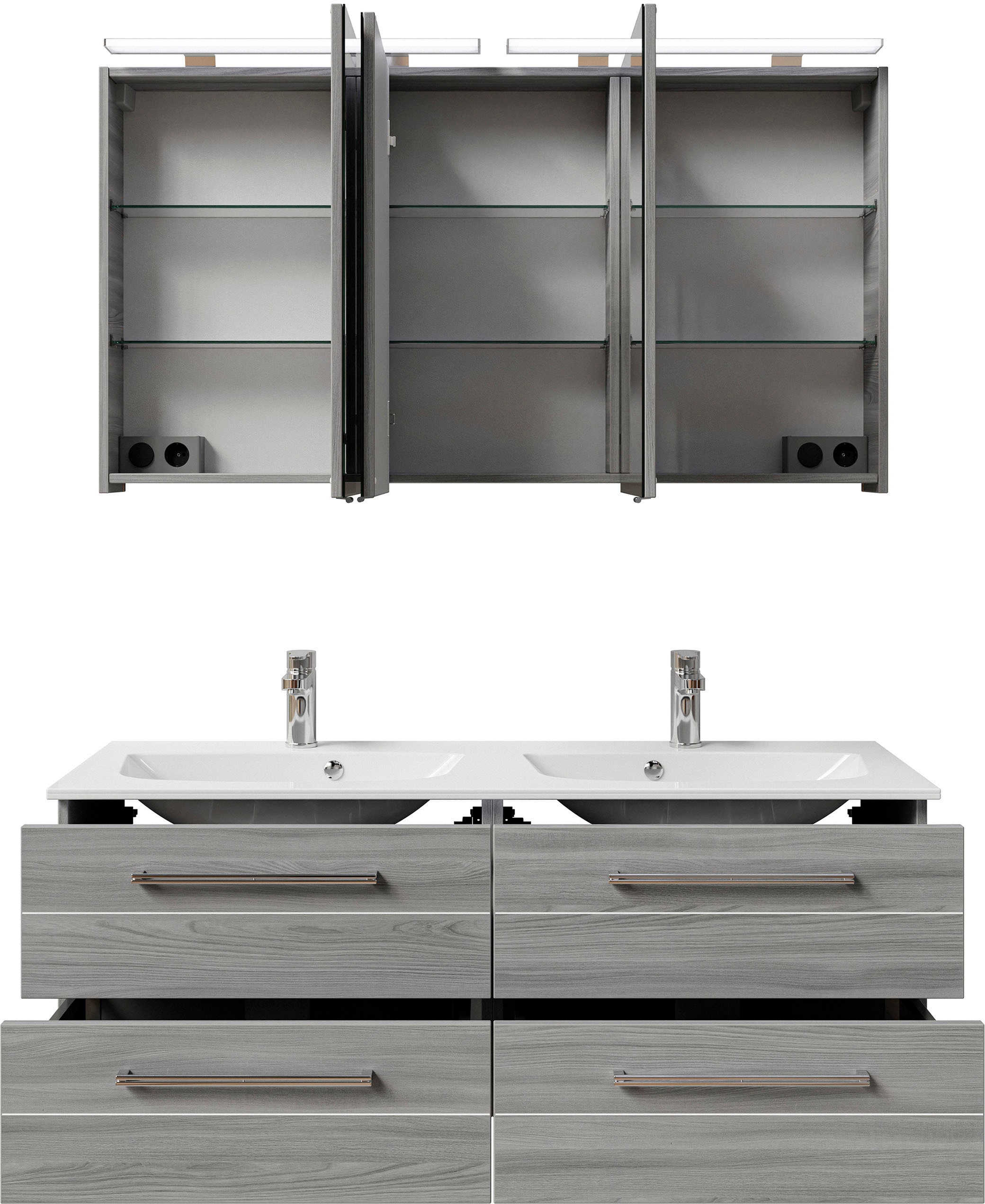Saphir Badmöbel-Set »Serie 6025 2-teilig Mineralmarmor-Waschtisch mit LED-Spiegelschrank«, (2 St.), Waschplatz 132cm breit, 4 Schubladen, 2 Spiegel-Türen, inkl Türdämpfer