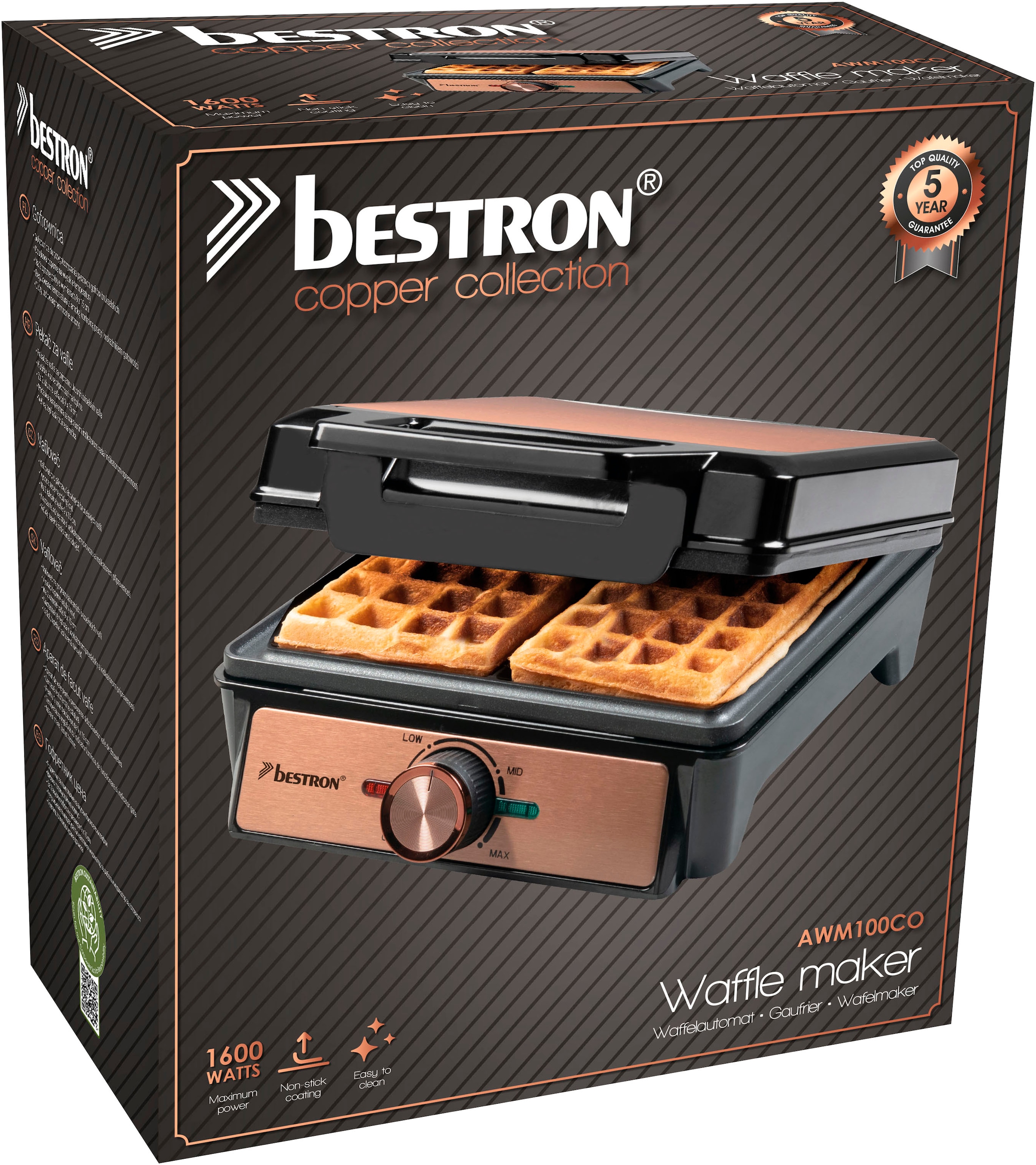 bestron Waffeleisen »AWM100CO«, 1600 W, für belgische Waffeln, Brüsseler Waffeleisen