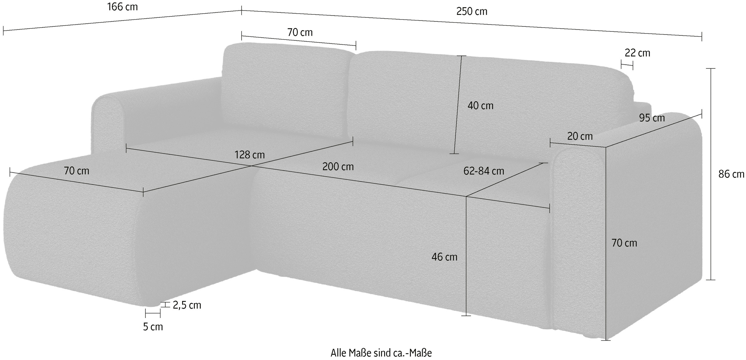 INOSIGN Ecksofa »Zacharia wahlweise Schlafsofa mit Bettkasten, B/T/H 250/166/86 cm«, L-Form mit Wellenunterfederung, Recamiere beidseitig montierbar