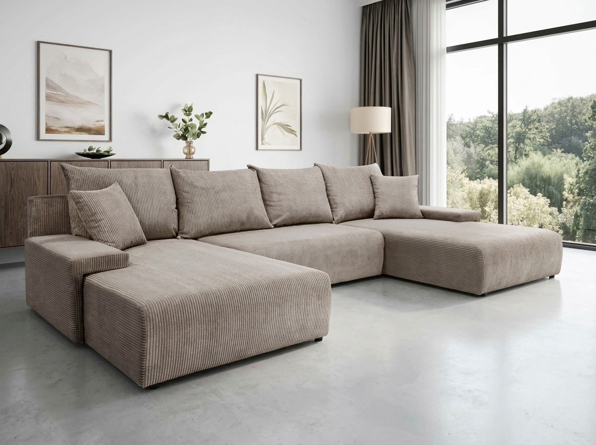 WERK2 Wohnlandschaft »Amalfi mit Bett & Bettkasten, Cord, bequem, organisches Design« Cord, U-Form, XXL, Schlaffunktion, Bettkasten