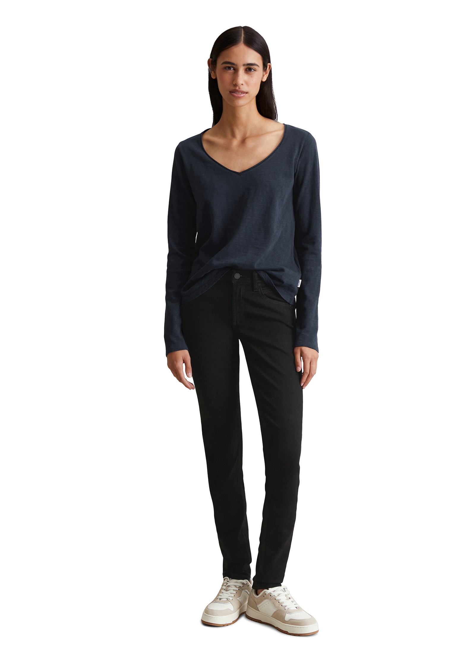 Marc O'Polo DENIM Langarmshirt mit Rollkante am V-Ausschnitt