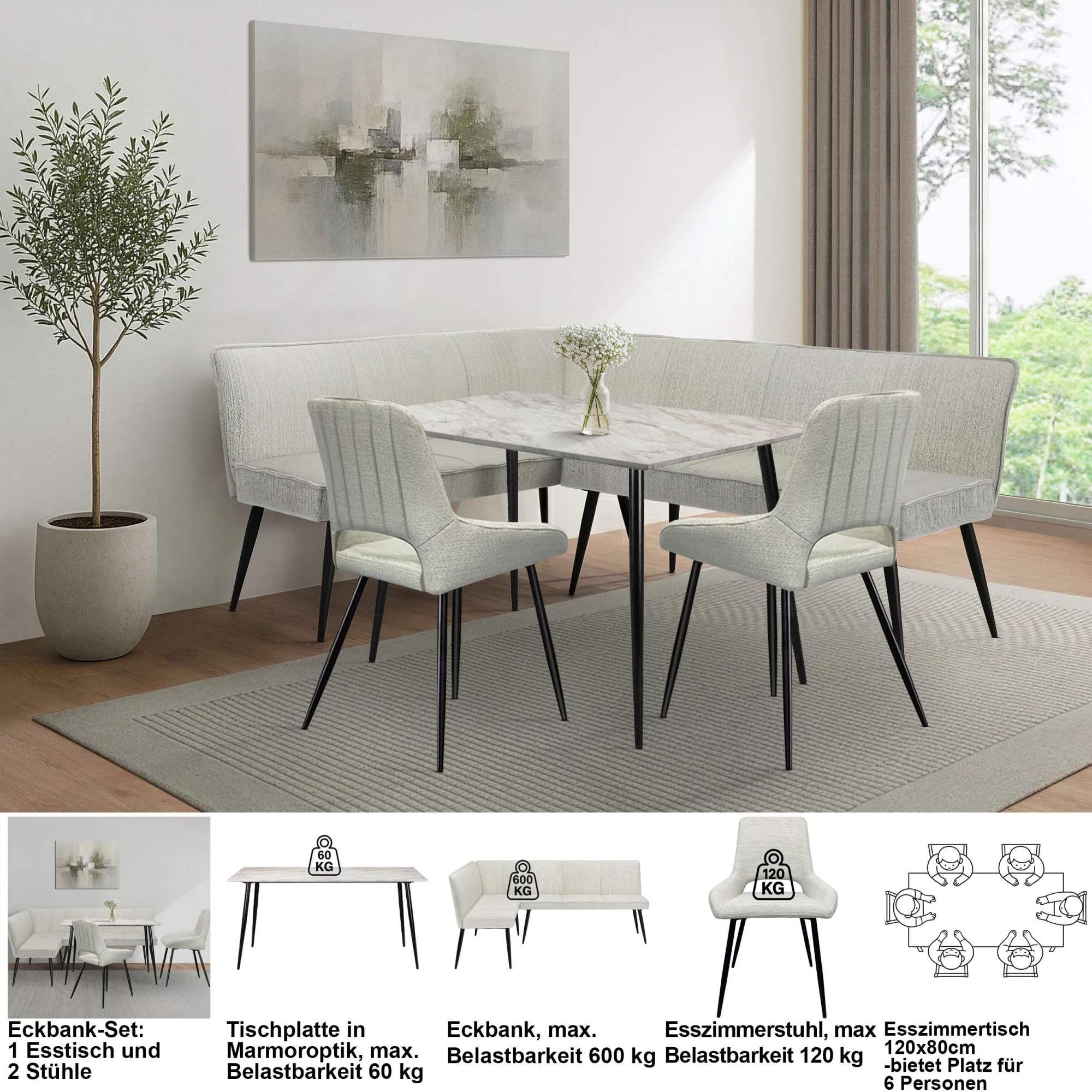 OTTO home Eckbankgruppe »Danny/Ianna/Derrek« Set, Eckbankgruppe mit Tisch, Eckbank, Stühle, 4 tlg. Sitzgruppe, Eckbank und Stühle bequem gepolstert, Tisch 120x80 cm