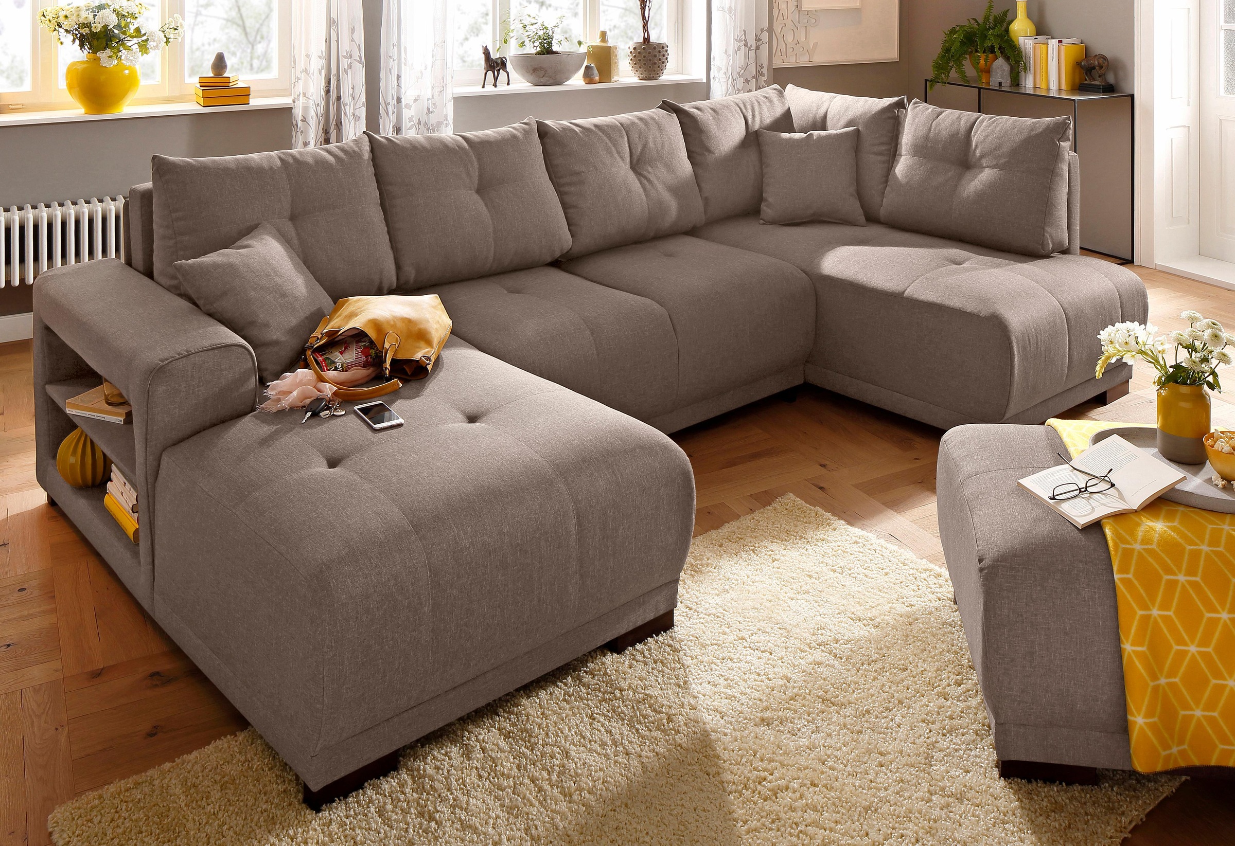 Home affaire Wohnlandschaft »Viborg U-Form«, mit Regal in der Armlehne, wahlweise mit Bettfunktion