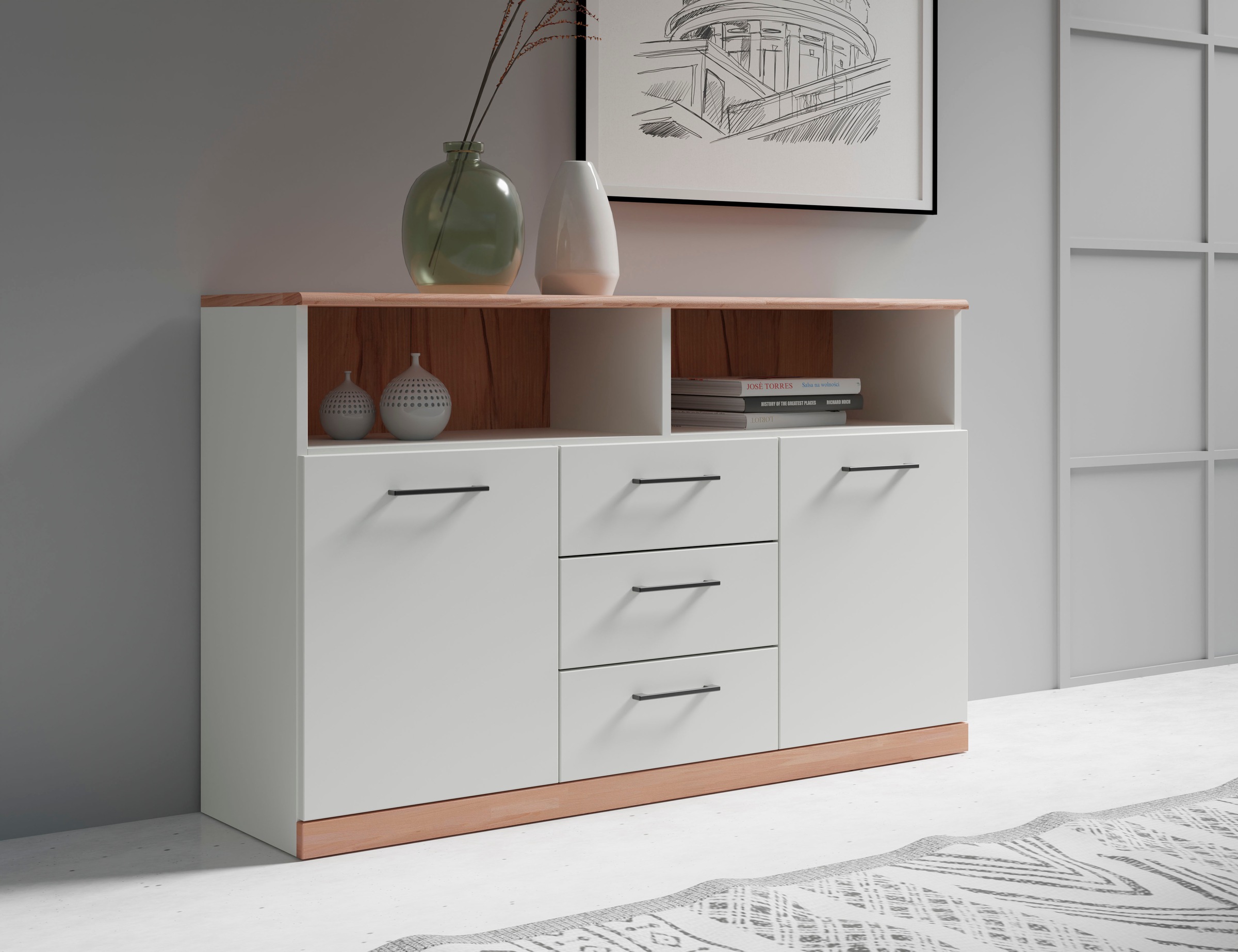 Home affaire Sideboard »Ribe,130cm breit,80cm hoch,Oberplatte Holz massiv,6 Fächer«, Oberplatte Kernbuche massiv,schwarze Metall Griffe