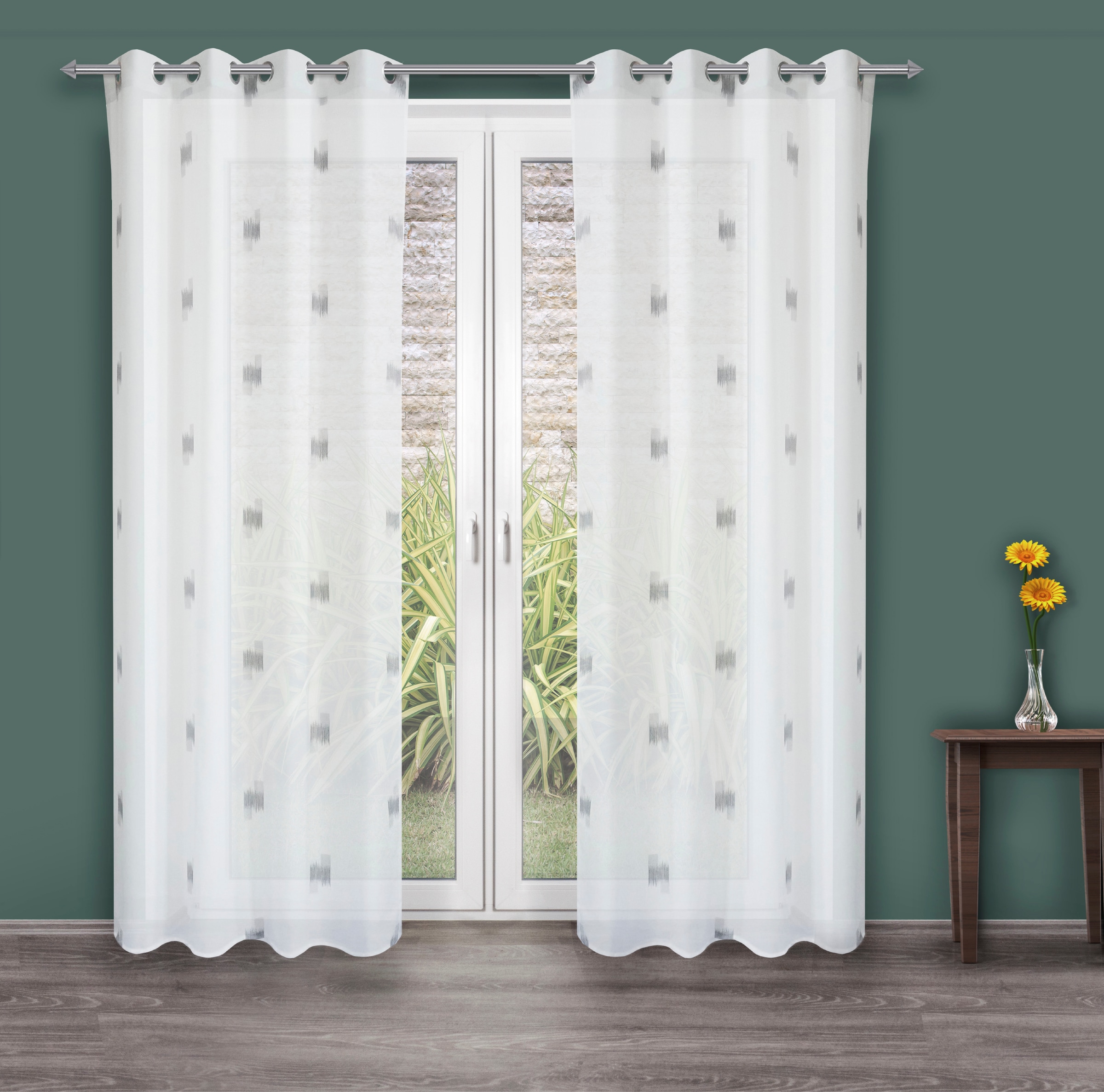 decolife Gardine »Toja«, (1 St.), Ösenschal weiß mit grauem Print günstig online kaufen