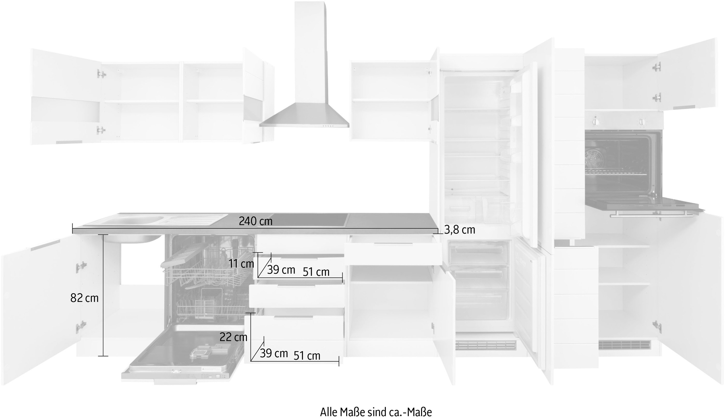 Kochstation Küche »KS-Luhe«, 390 cm breit, wahlweise mit oder ohne E-Geräten, gefräste MDF-Fronten