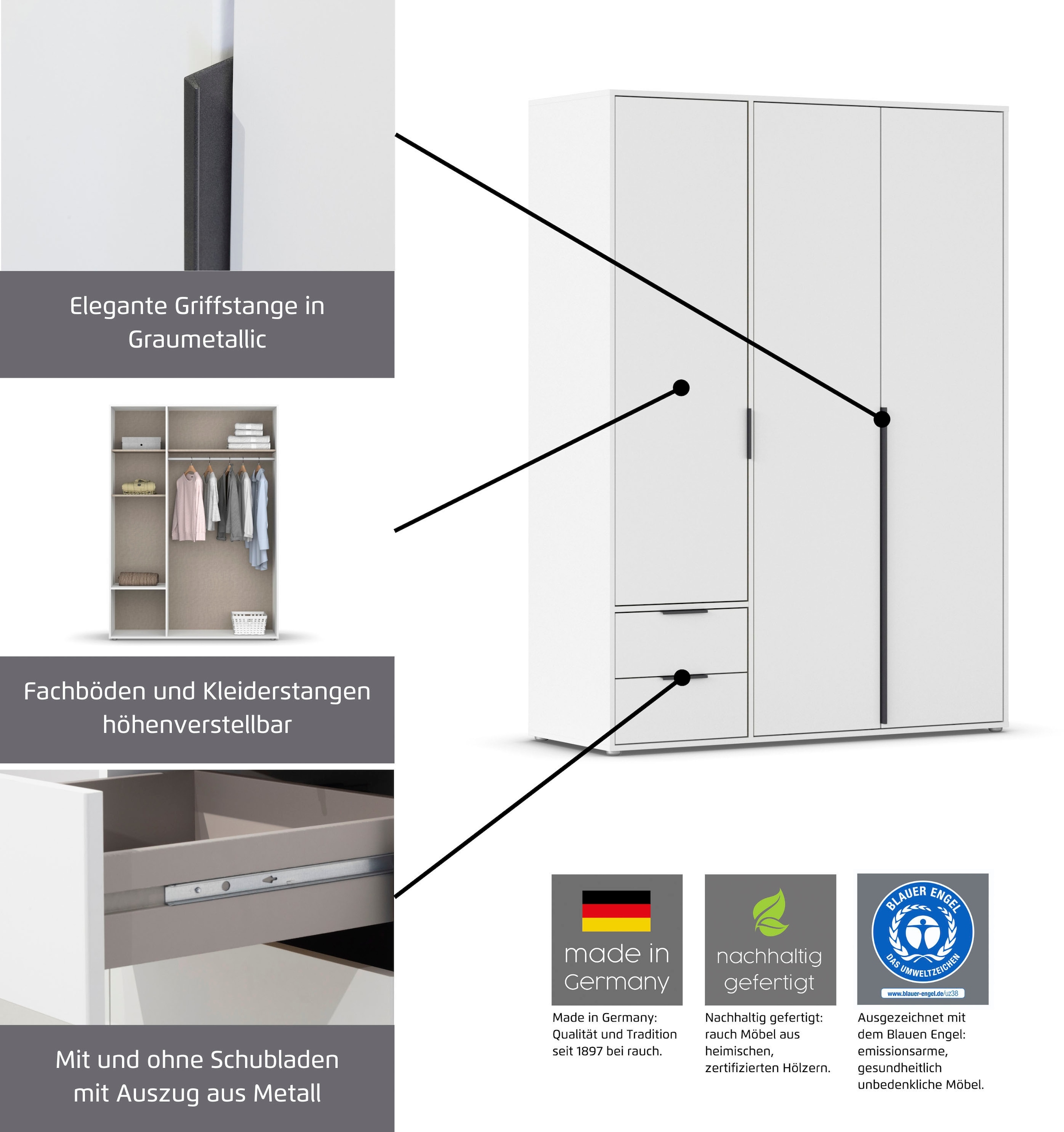 rauch Drehtürenschrank »Kleiderschrank Schrank Garderobe Wäscheschrank NAGATA mit Spiegel«, (in 3 verschiedenen Ausstattungen BASIC/CLASSIC/PREMIUM), und Schubladen sowie Stangengriffen TOPSELLER MADE IN GERMANY