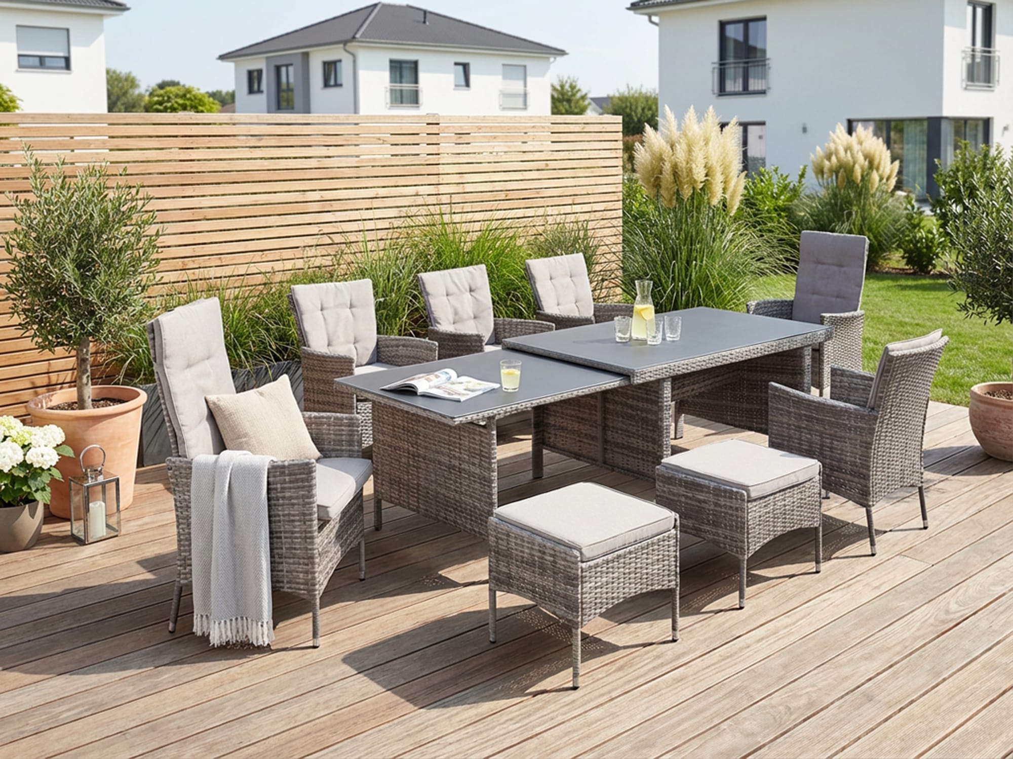 KONIFERA Garten-Essgruppe »Parla« Set, 6xSessel, 1x AZ-Tisch 150-242,5cm,2x Hocker,inkl. Auflagen, Polyrattan, 21 Stk. tlg. 2 der 6 Sessel sind verstellbar, Grau, Tischplatte aus Sicherheitsglas