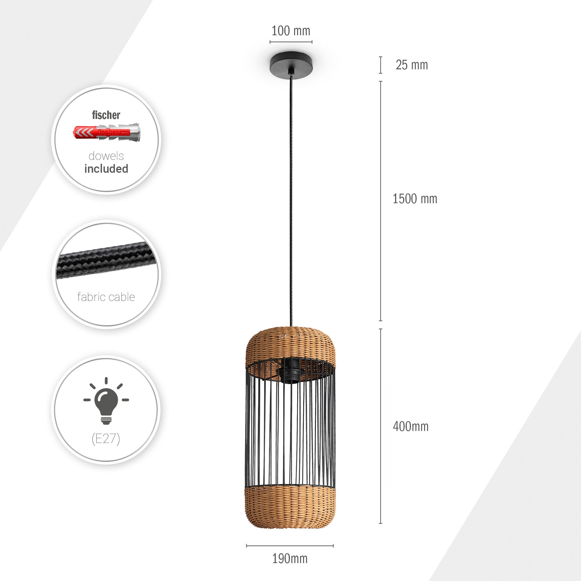 Paco Home Pendelleuchte »PUSTA«, Leuchtmittel E27 | ohne Leuchtmittel, Rattan Esszimmer Lampe Pendelleuchte Boho Zylinder Rustikal E27