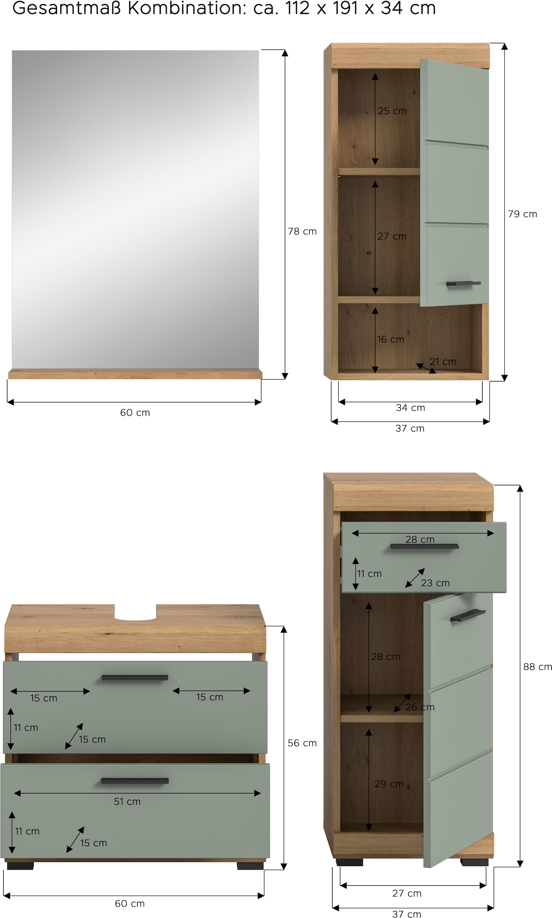 INOSIGN Badmöbel-Set »Siena, 4 teilig, bestehend aus:«, (Set), Waschbeckenunterschrank, Spiegel, Unterschrank, Hängeschrank