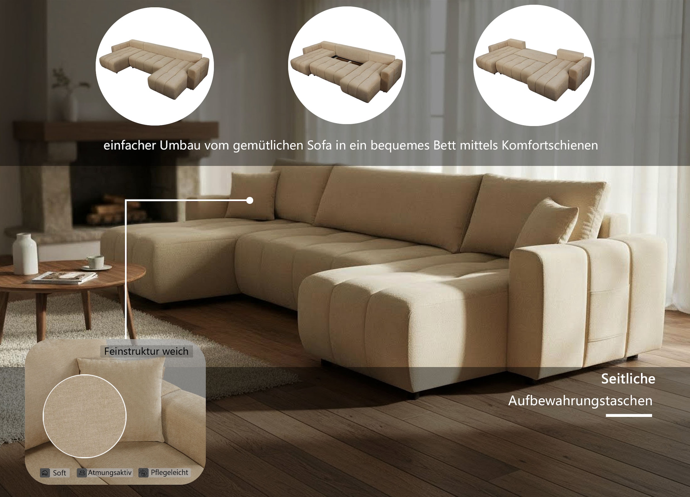 OTTO home Wohnlandschaft »YLVAA U-Form, 311 cm - Schlafsofa« Schlaffunktion (132/269), Boxspring, Bettkasten, Feinstruktur-Bezug