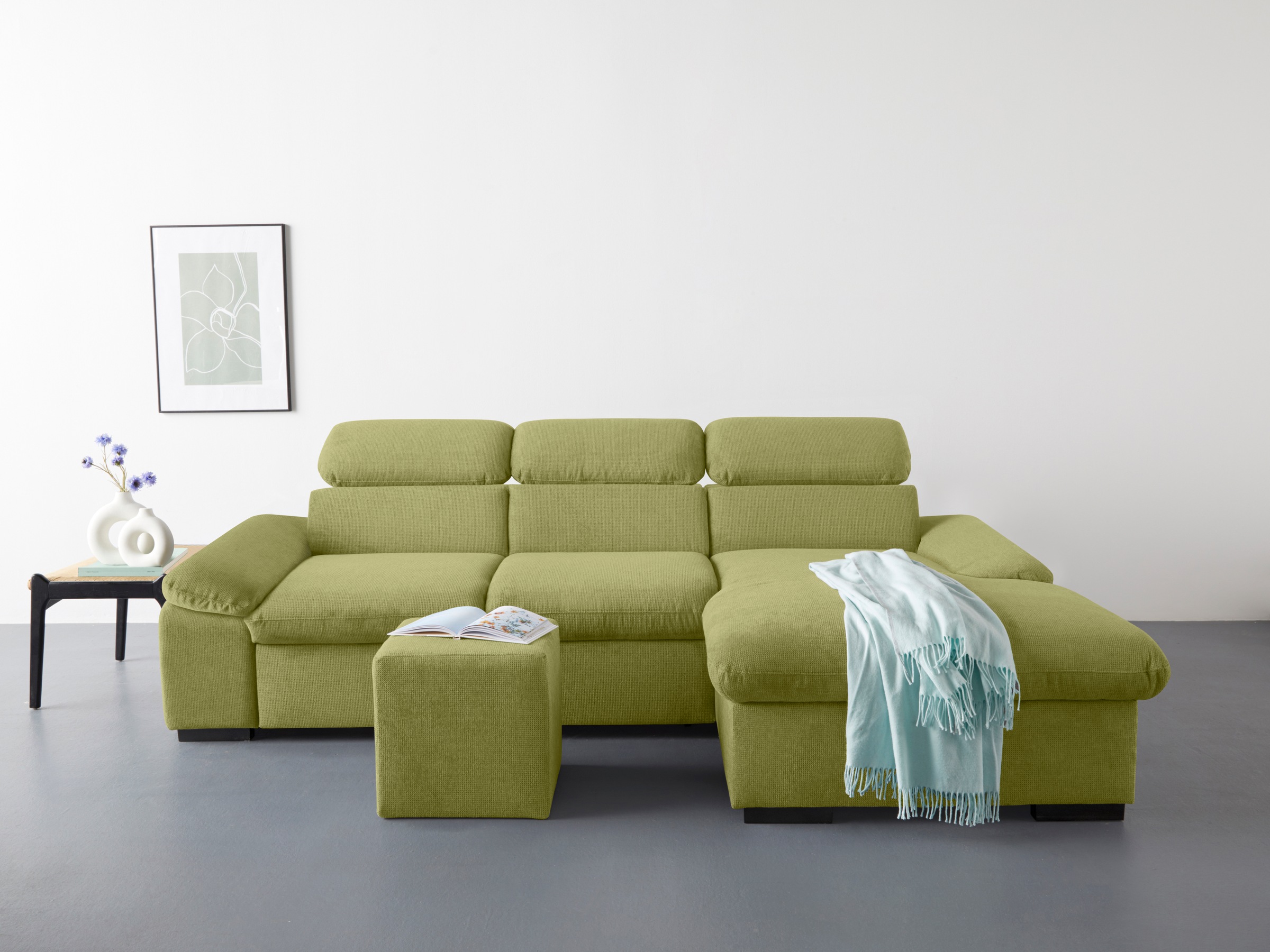 COTTA Ecksofa »Lola L-Form mit Kopfteilfunktion & Hocker«, (Set, mit Hocker), wahlweise mit Bettfunktion, Bettkasten & Armteilverstellung