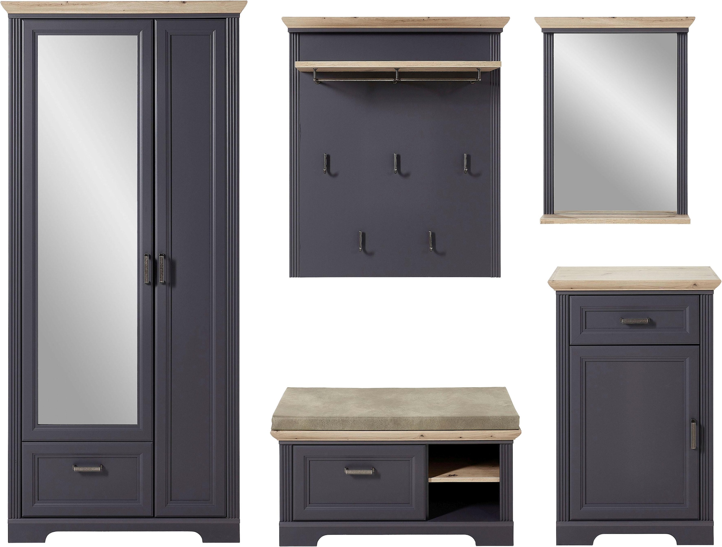 INNOSTYLE Garderoben-Set »Jasmin« Set, 5 Stk. tlg. graphit Garderobenschrank, Schuhschrank, Schuhbank, Garderobenpaneel, Spiegel
