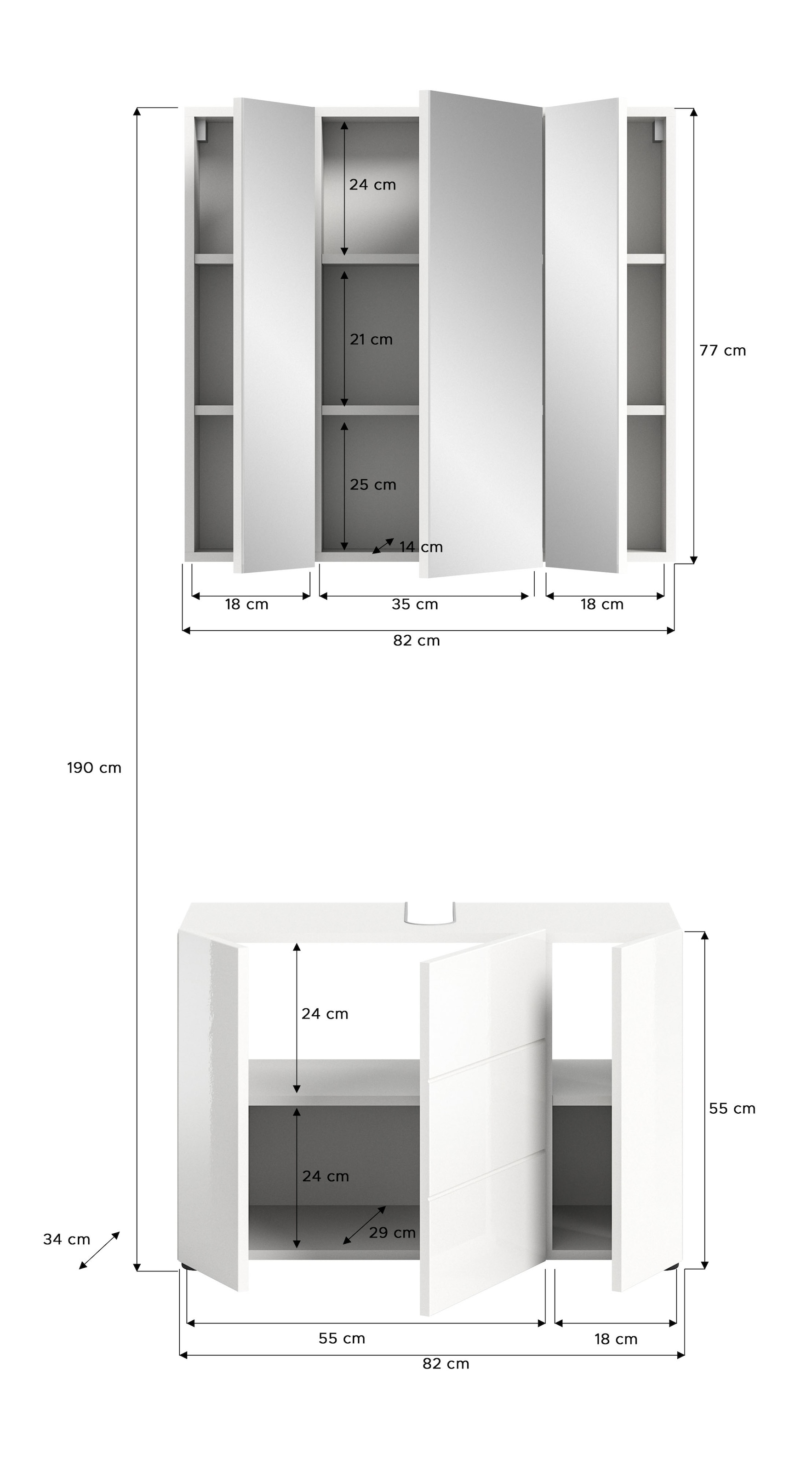 welltime Badmöbel-Set »BIEL, TOPSELLER!, 2 teilig, hochwertige MDF Front, Rillenoptik«, (2 St., 2 teiliges Set, bestehend aus: Waschbeckenunterschrank, Spiegelschrank), Badmöbel, Kombination, Kombi, Badezimmer, Badkombination, Badschrank