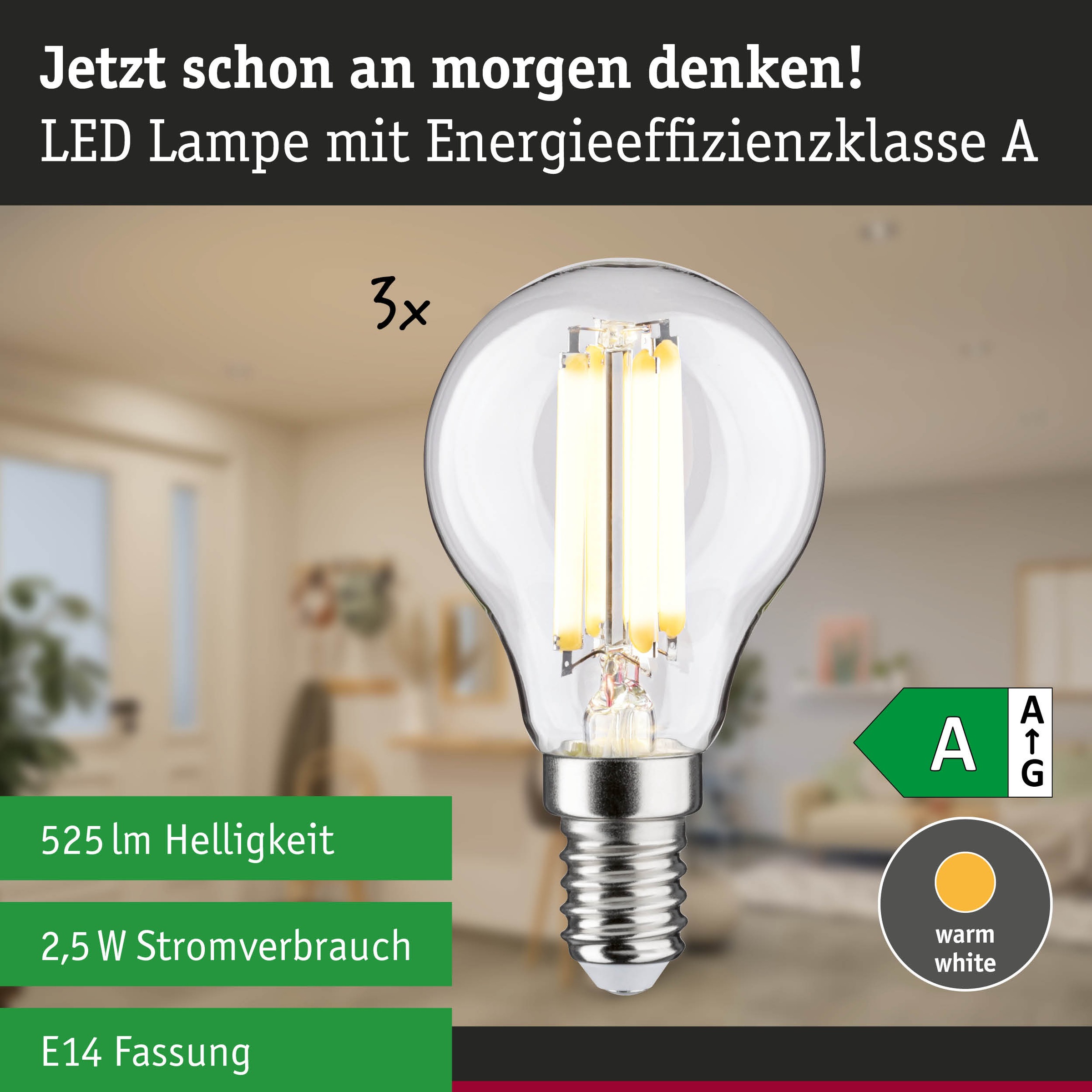 Paulmann LED-Leuchtmittel »Efficient-Line Filament 230V LEDTropfen E14 3 St.525lm 2,5W 3000K Klar« E14 3 Stk. Warmweiß