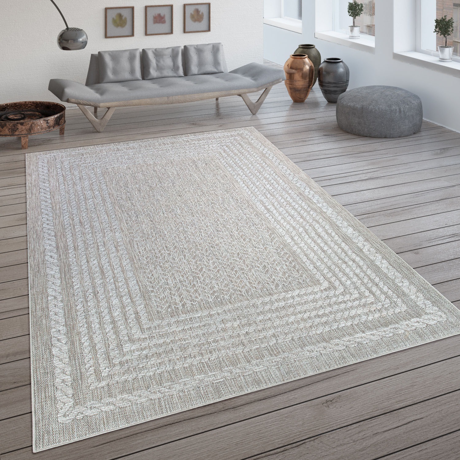 Paco Home Teppich »Liege 390«, rechteckig, 4 mm Höhe, Flachgewebe, melierte Sisal Optik, mit Bordüre, Outdoor geeignet