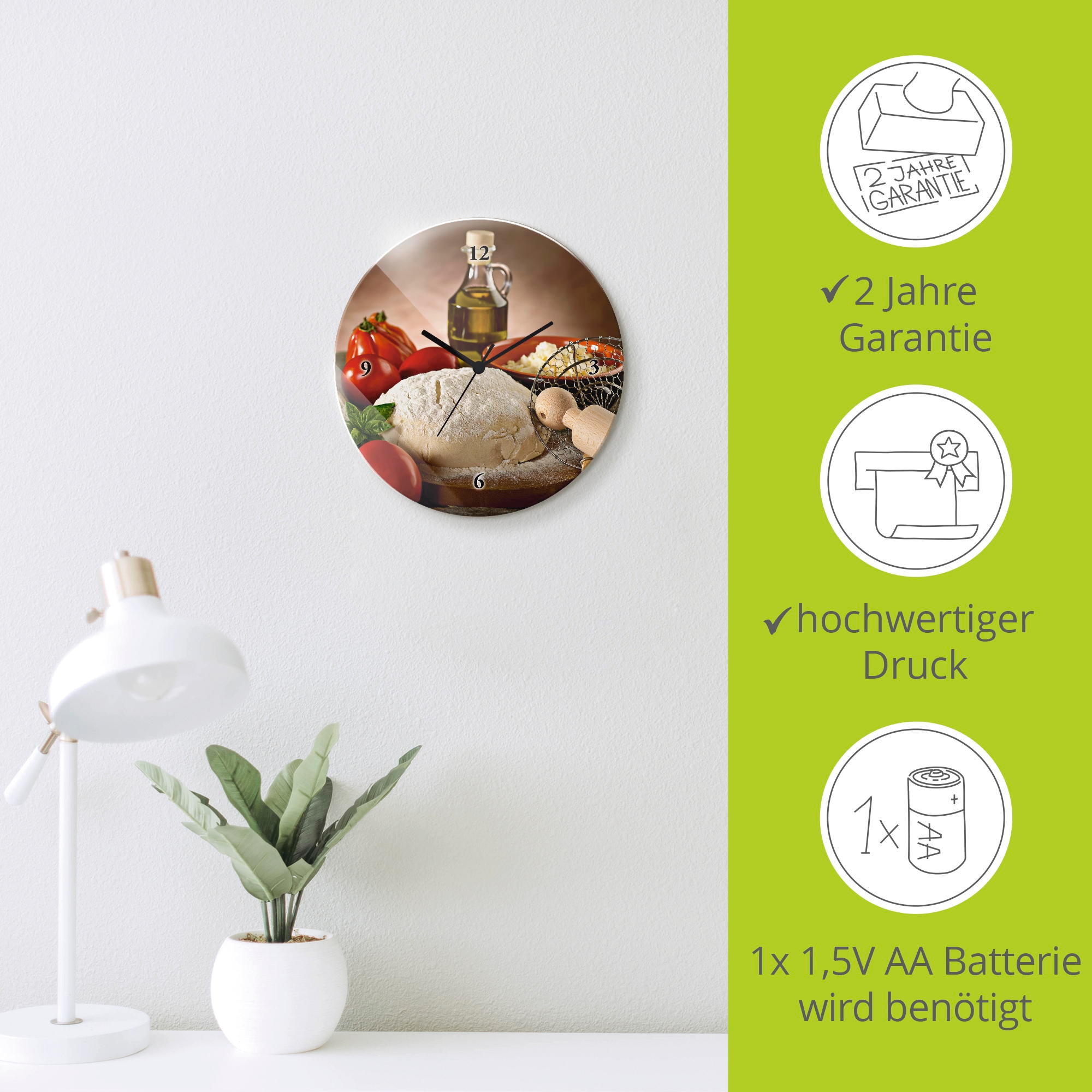 Artland Wanduhr »Teig für Pizza« wahlweise mit Quarz- oder Funkuhrwerk, lautlos ohne Tickgeräusche