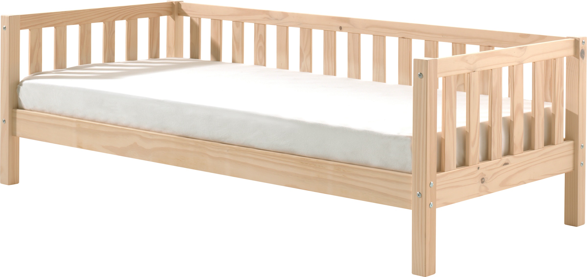 Vipack Einzelbett »Sprossenumrandung, Kiefer massiv, stabil gebaut und zeitloses Design«, (B/H/T ca. 211,2x68x97,8cm, Ausf. Milky Pine oder Weiß), inkl. Rolllattenrost, mit oder ohne Bettschublade