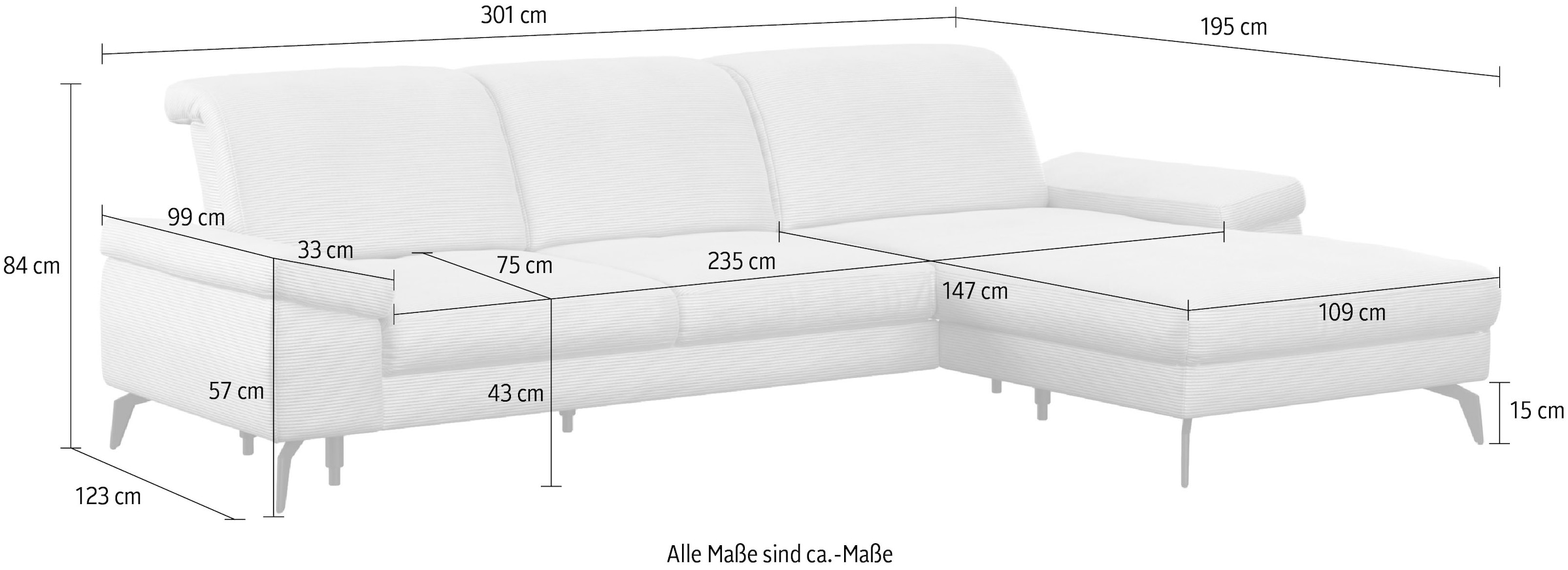sit&more Ecksofa »Cabana L-Form«, Recamiere, wahlweise mit Sitztiefen-, Armlehnen- und Kopfteilfunktion