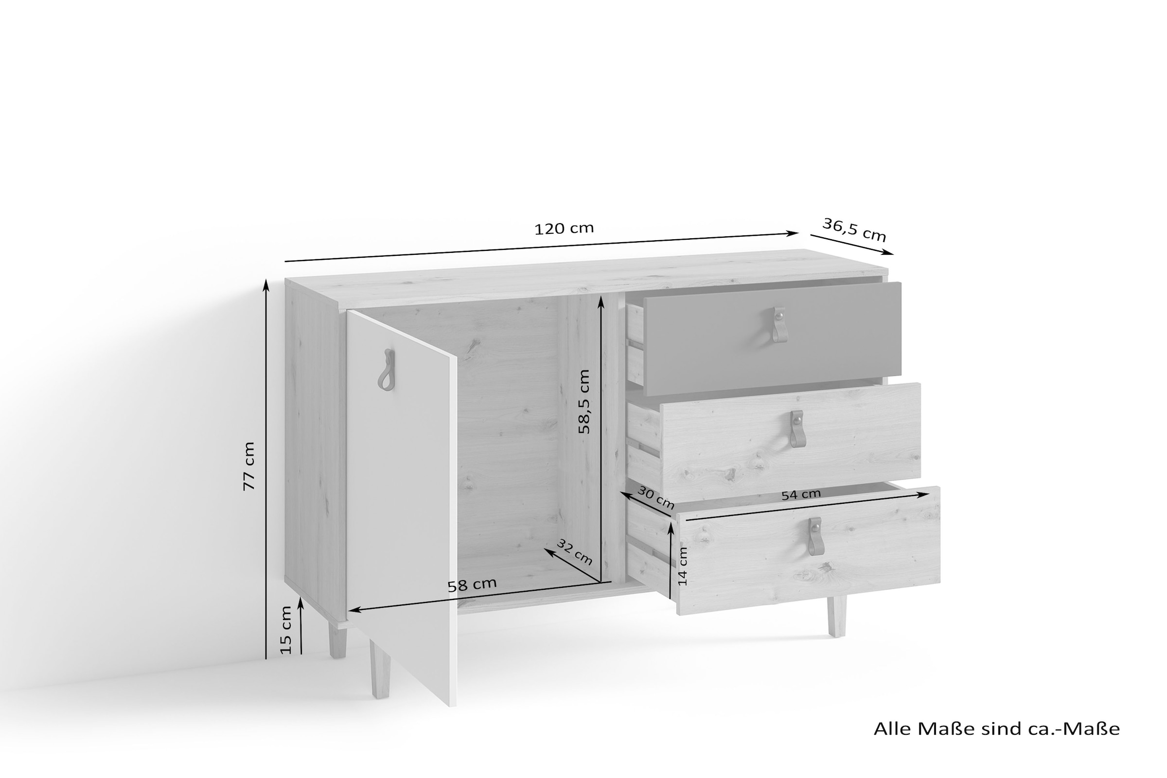 INOSIGN Sideboard »Bill, Kommode in 120cm und 180cm Breite, mit Massivholzfüssen,«, verstellbaren Einlegeböden und Schubkästen für viel Stauraum